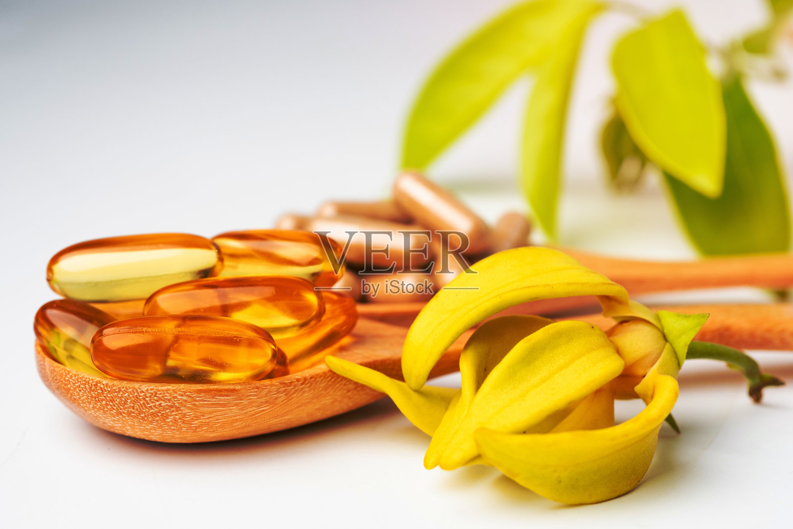 草药有机胶囊以维生素E、欧米茄3鱼油、矿物质、草药叶为药物的天然补品，健康美好生活。照片摄影图片