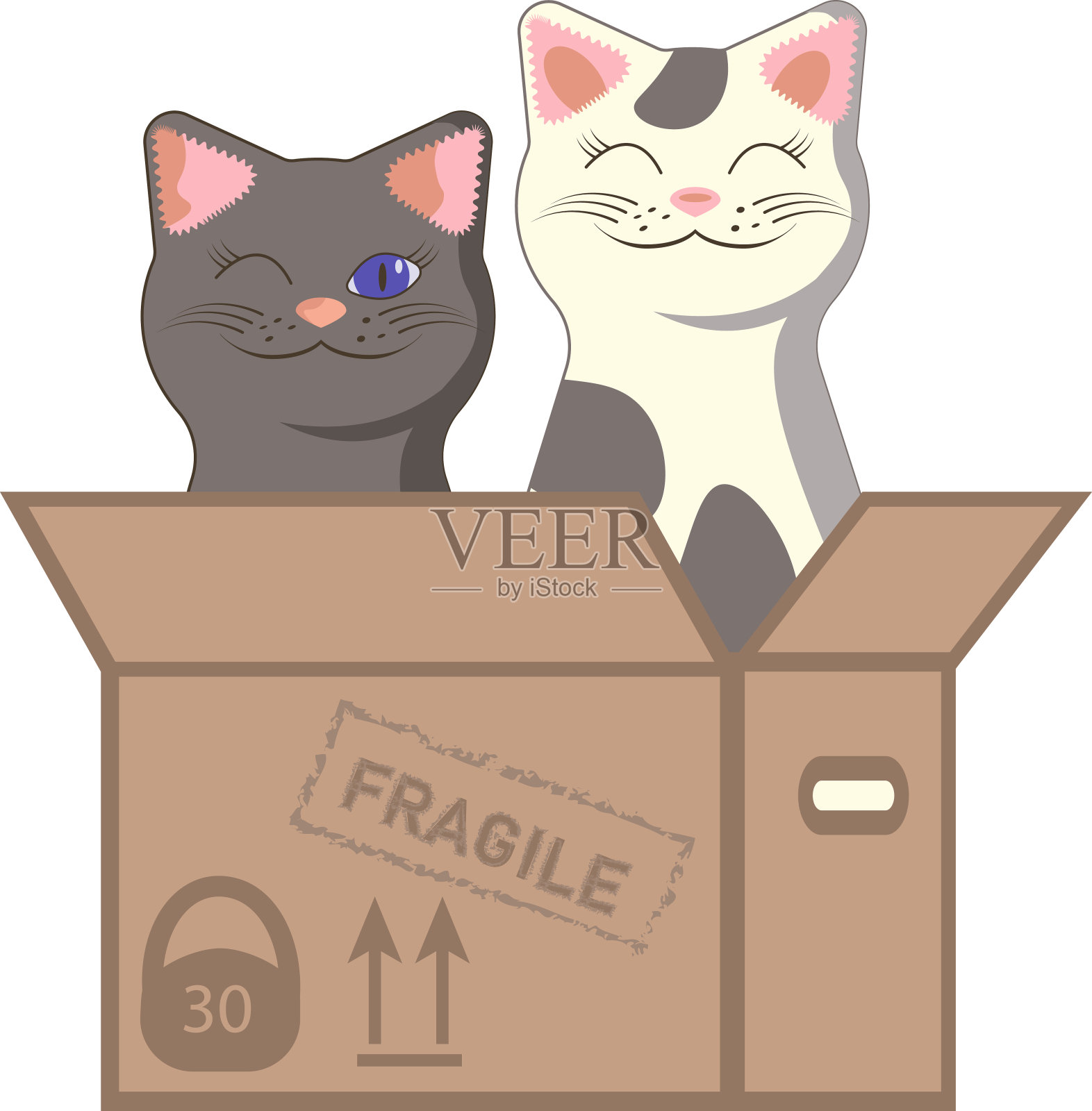盒子里的白色和灰色的猫微笑着眨眼插画图片素材