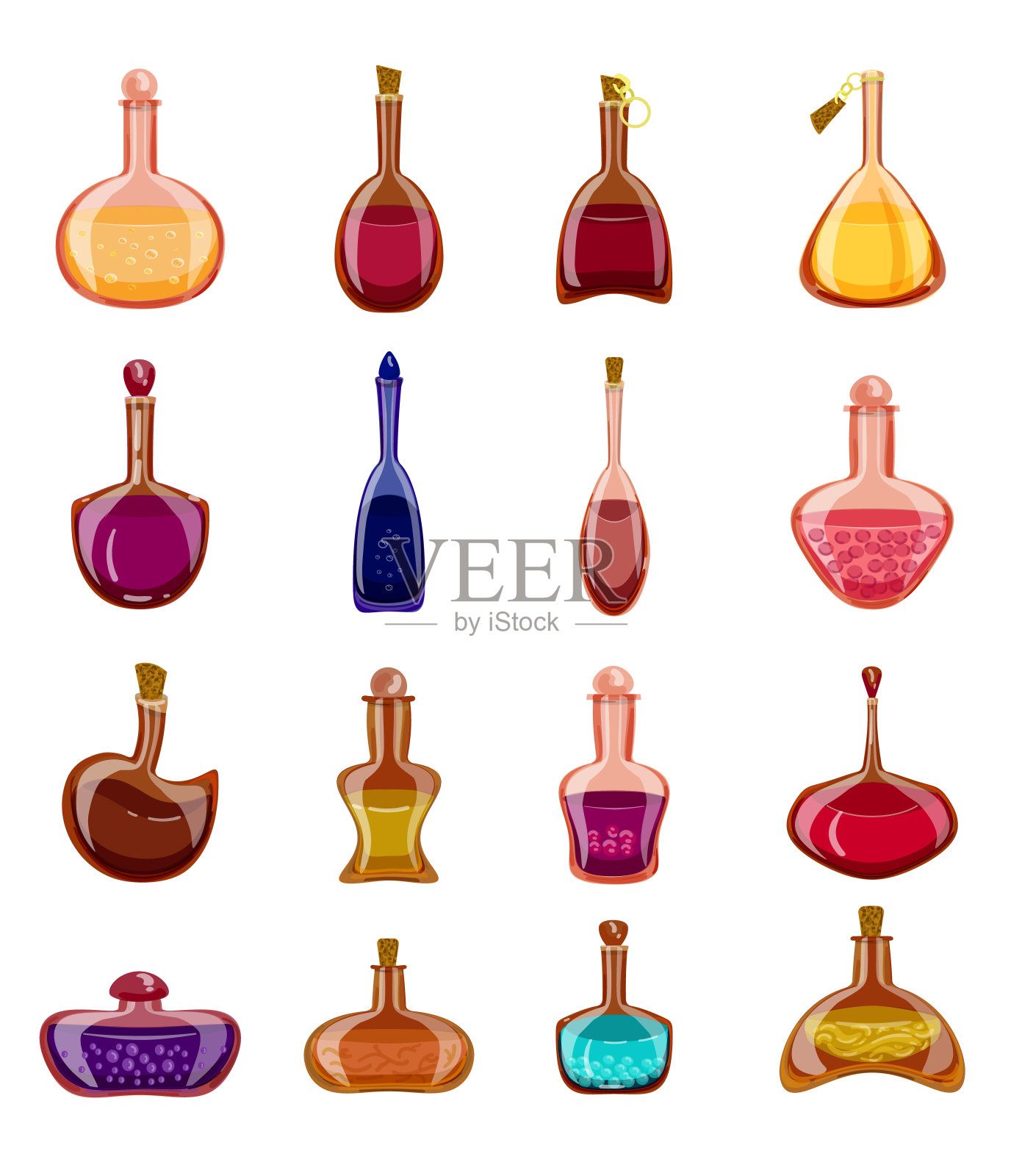 药水图标设置卡通矢量。标签的瓶子插画图片素材