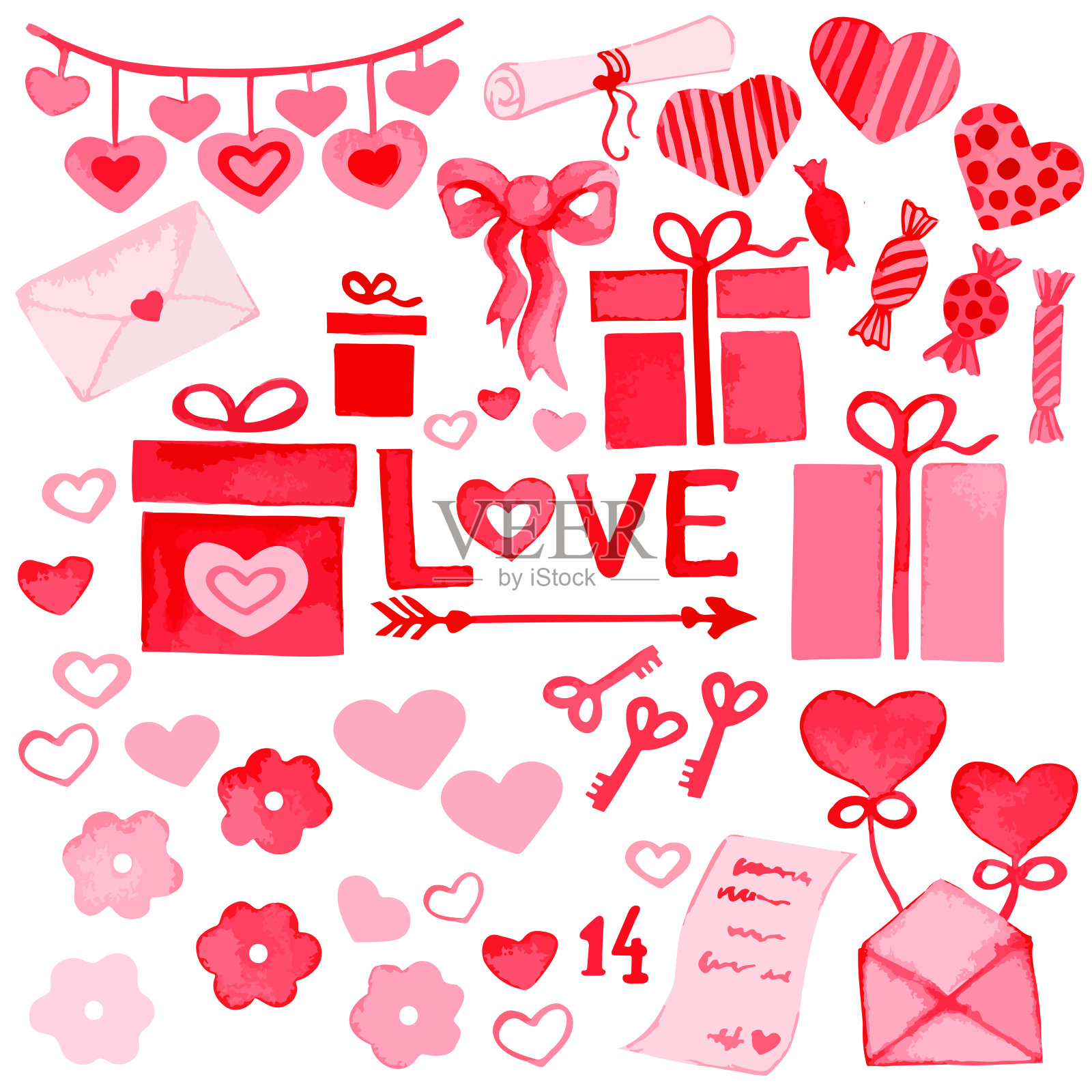 情人节套装:鲜花、礼盒、心钥匙、箭、心、糖果、信、留言、信封、彩带。插画图片素材