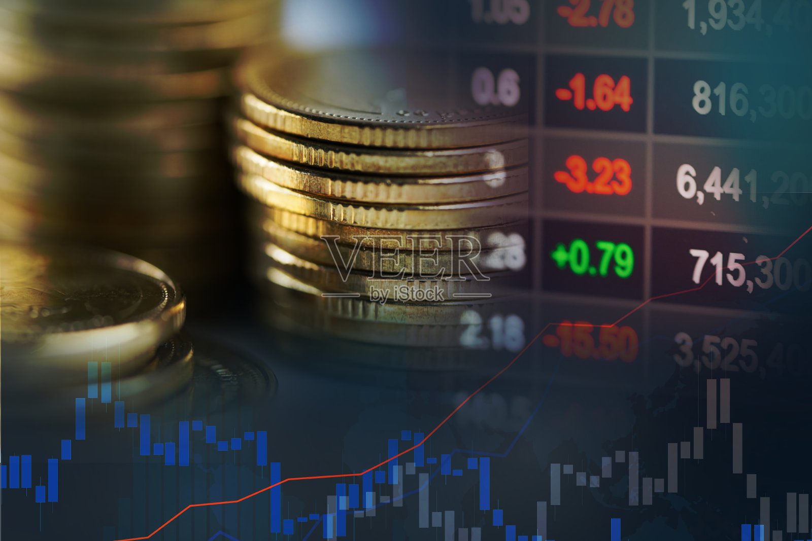 股票市场投资交易金融，货币和图表或外汇为分析利润金融业务趋势数据背景。照片摄影图片