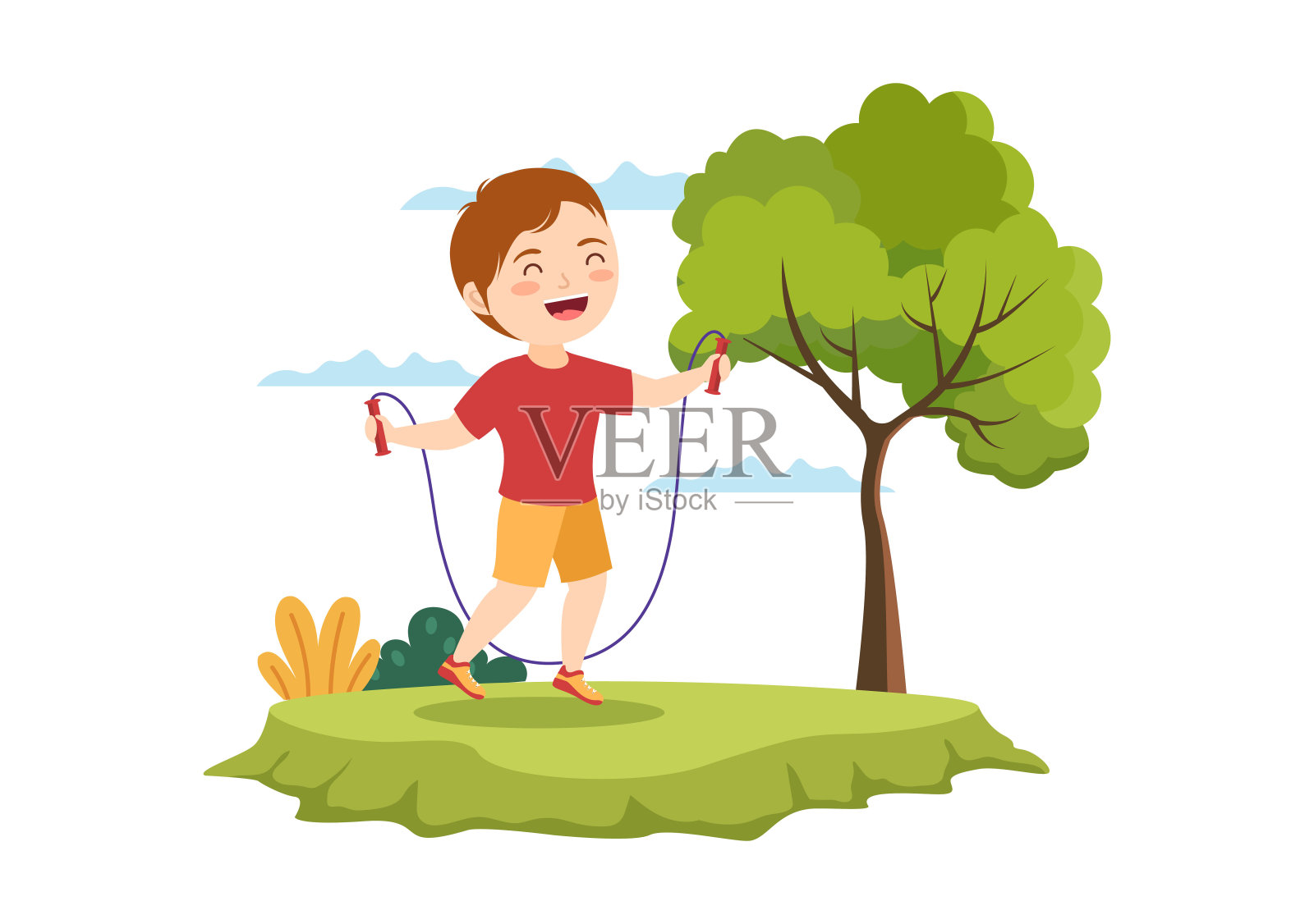 跳绳插图与孩子玩跳绳穿运动服在室内健身体育活动平面卡通手绘模板插画图片素材