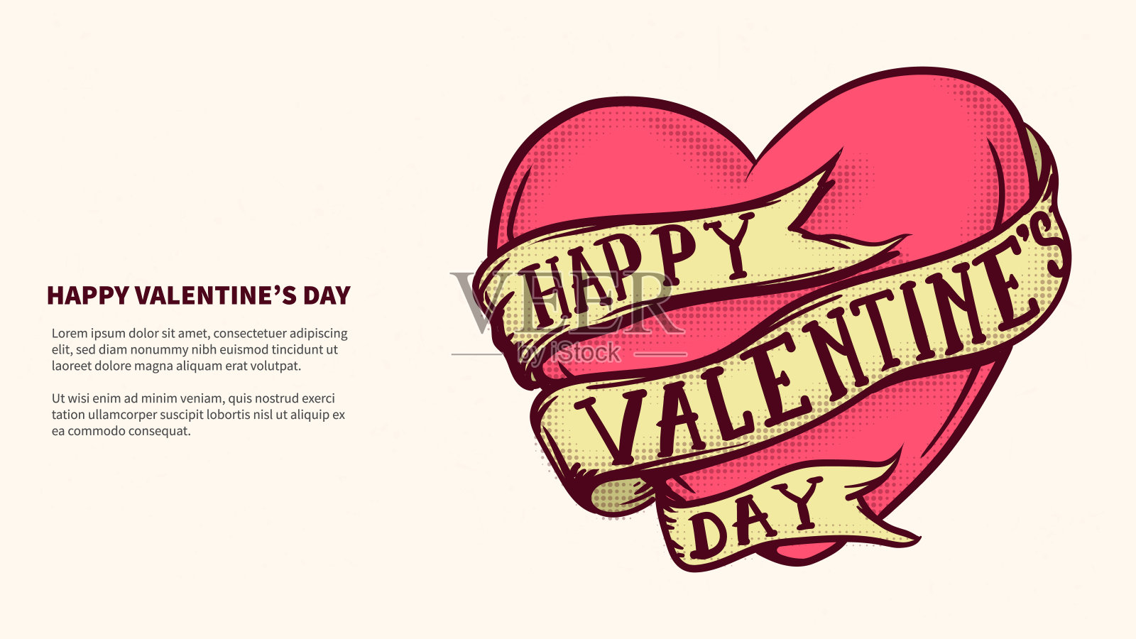 情人节快乐。大心脏内丝带文字复古纹身风格。为情人节矢量插图心脏抽象插画图片素材