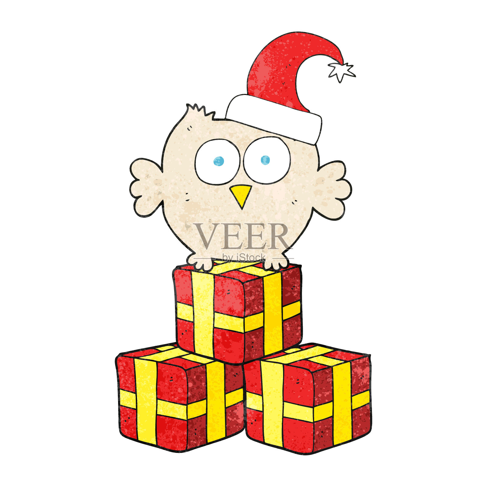 徒手纹理卡通小猫头鹰戴圣诞帽插画图片素材