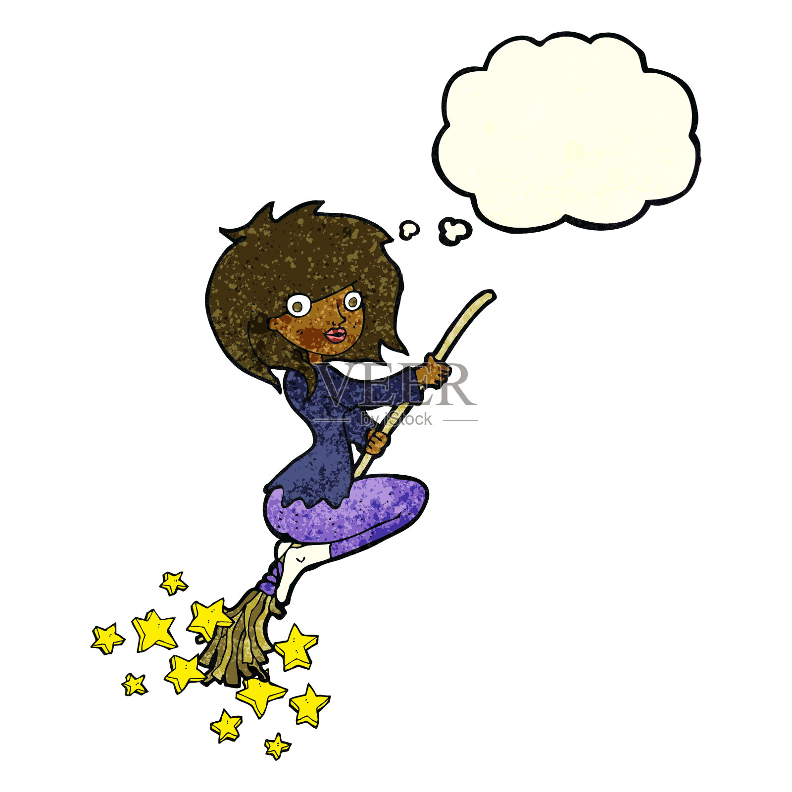 卡通女巫骑扫帚与思想泡泡插画图片素材