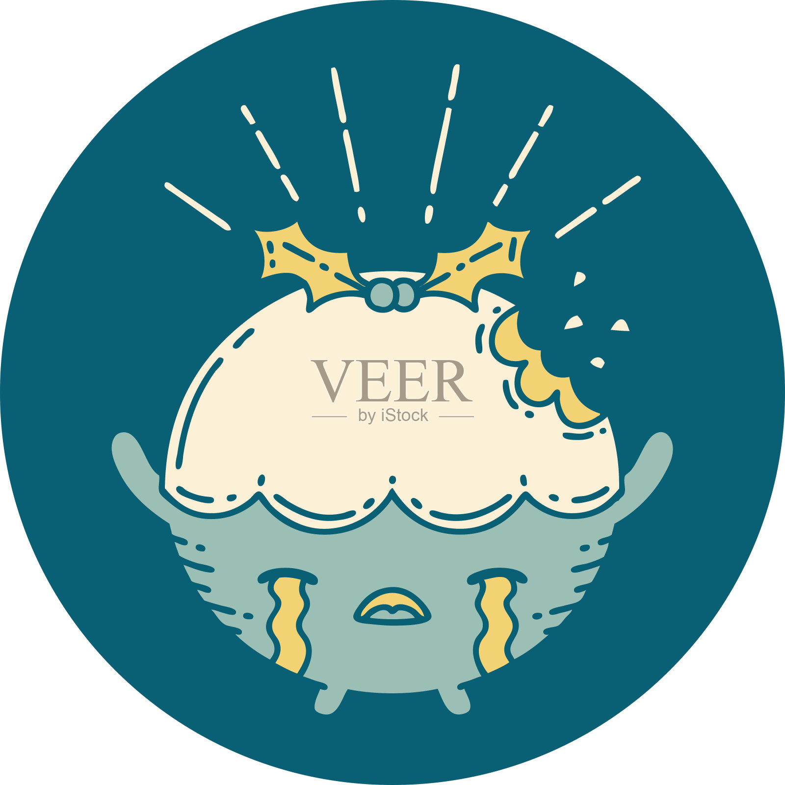 标志性的纹身风格的圣诞布丁人物哭泣插画图片素材