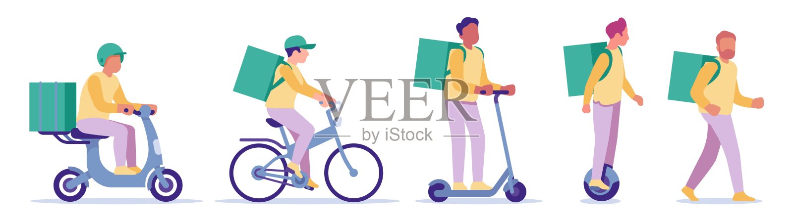 速递速递服务。餐航运。男性驾驶助力车或滑板车。步行或骑自行车送订单的人。快递员背着背包骑着单轮车。向量传递集合插画图片素材