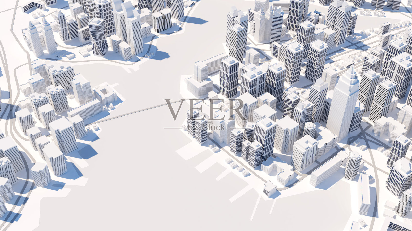 市内商圈内高楼林立，道路和河流林立。商务区内写字楼和高层建筑林立。，低多边形城市景观与建筑，3d渲染照片摄影图片
