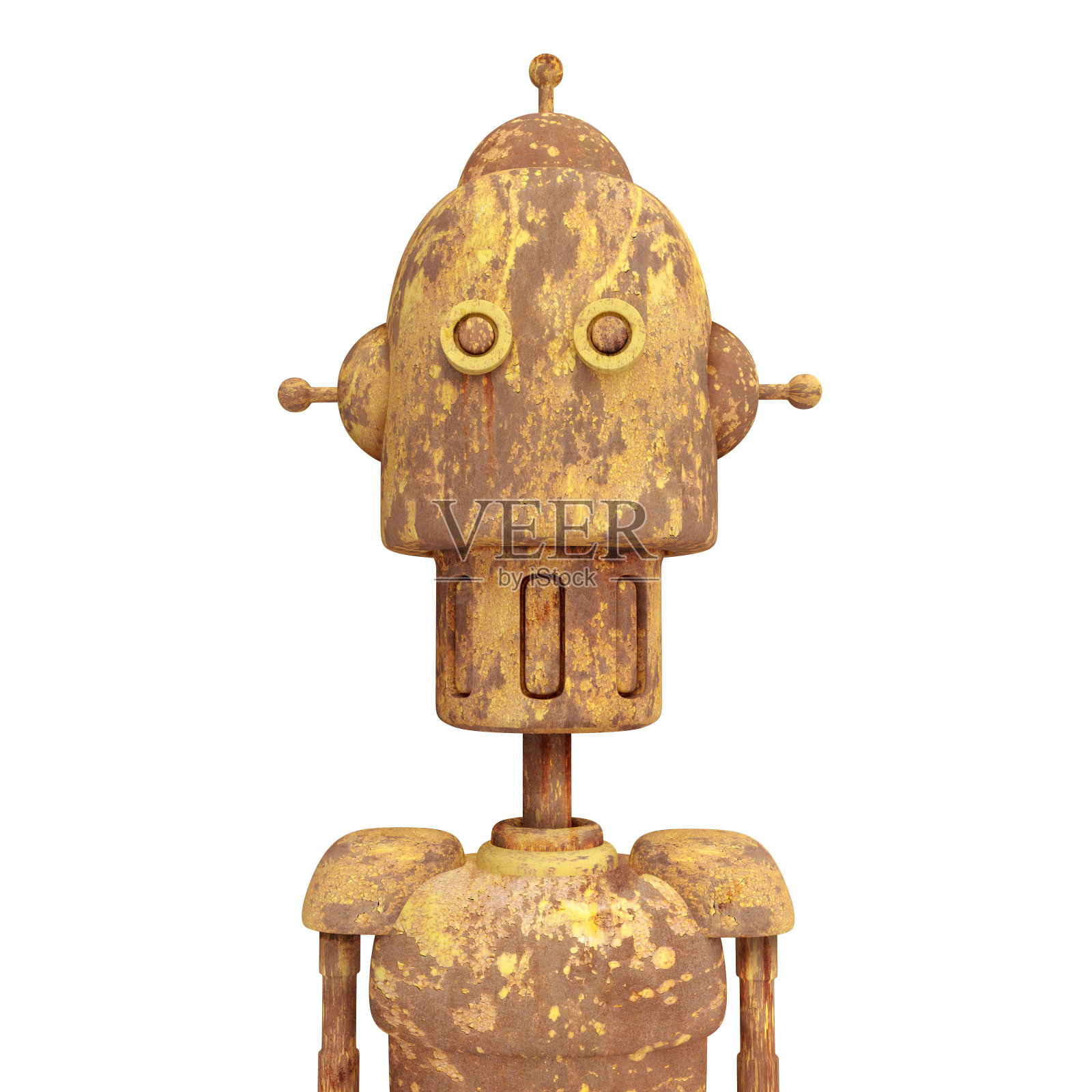 3d现实的老铁机器人肖像卡通未来复古风格。科技科幻设计。电子人的创意数字概念艺术。现代时尚渲染插画。插画图片素材