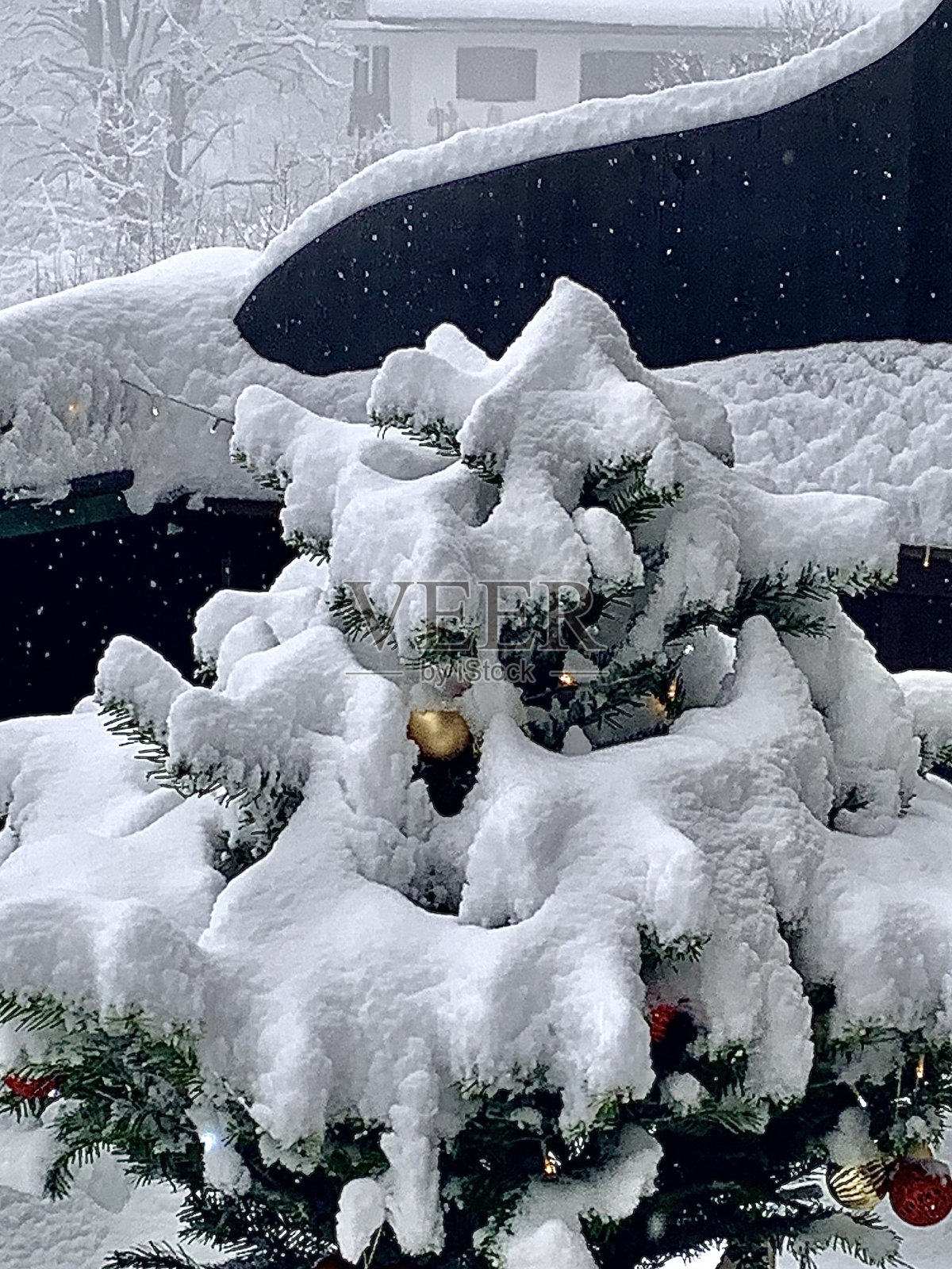 用球装饰的圣诞树立在雪堆下照片摄影图片