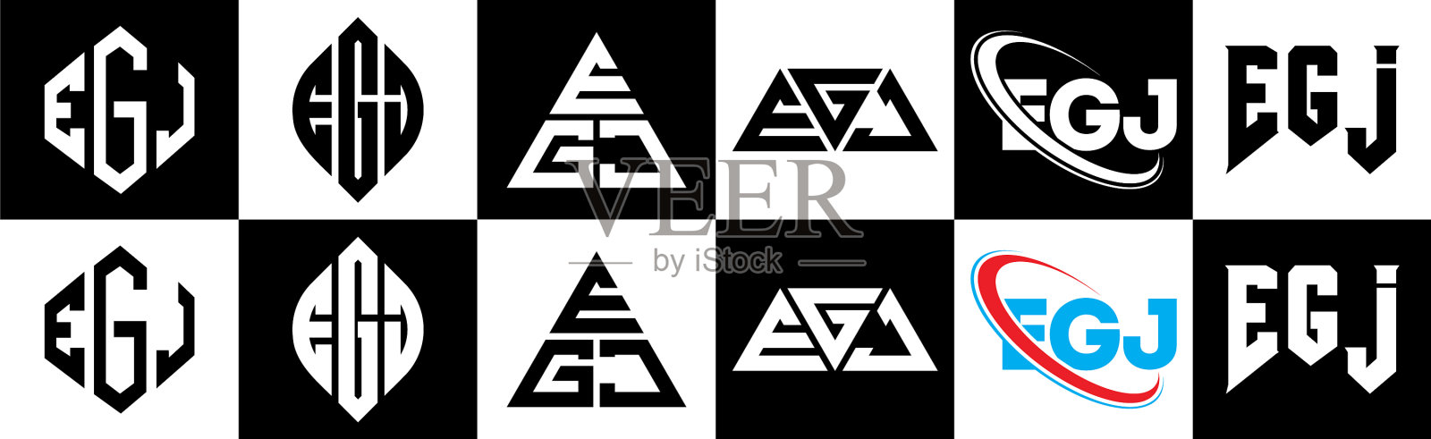 Egj字母标志设计在六种风格的Egj多边形插画图片素材