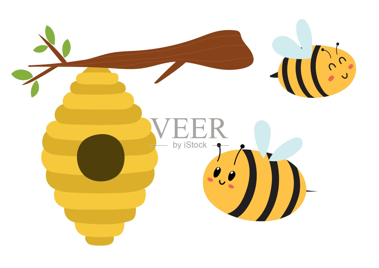 可爱的蜜蜂人物和蜂巢挂在树上插画图片素材