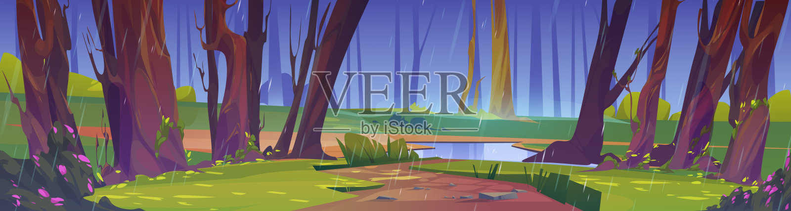 夏雨中森林野生自然景观景象插画图片素材