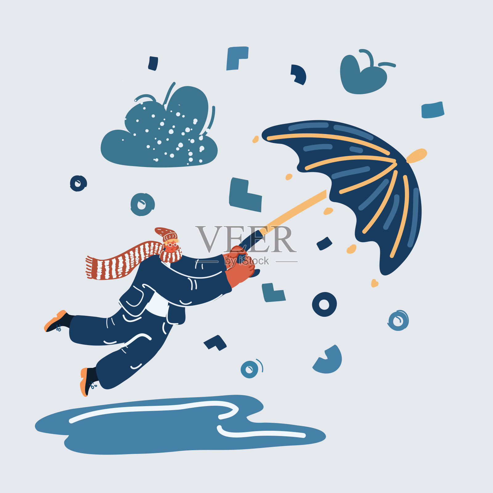 矢量插图的形象的人拿伞和飞行设计元素图片