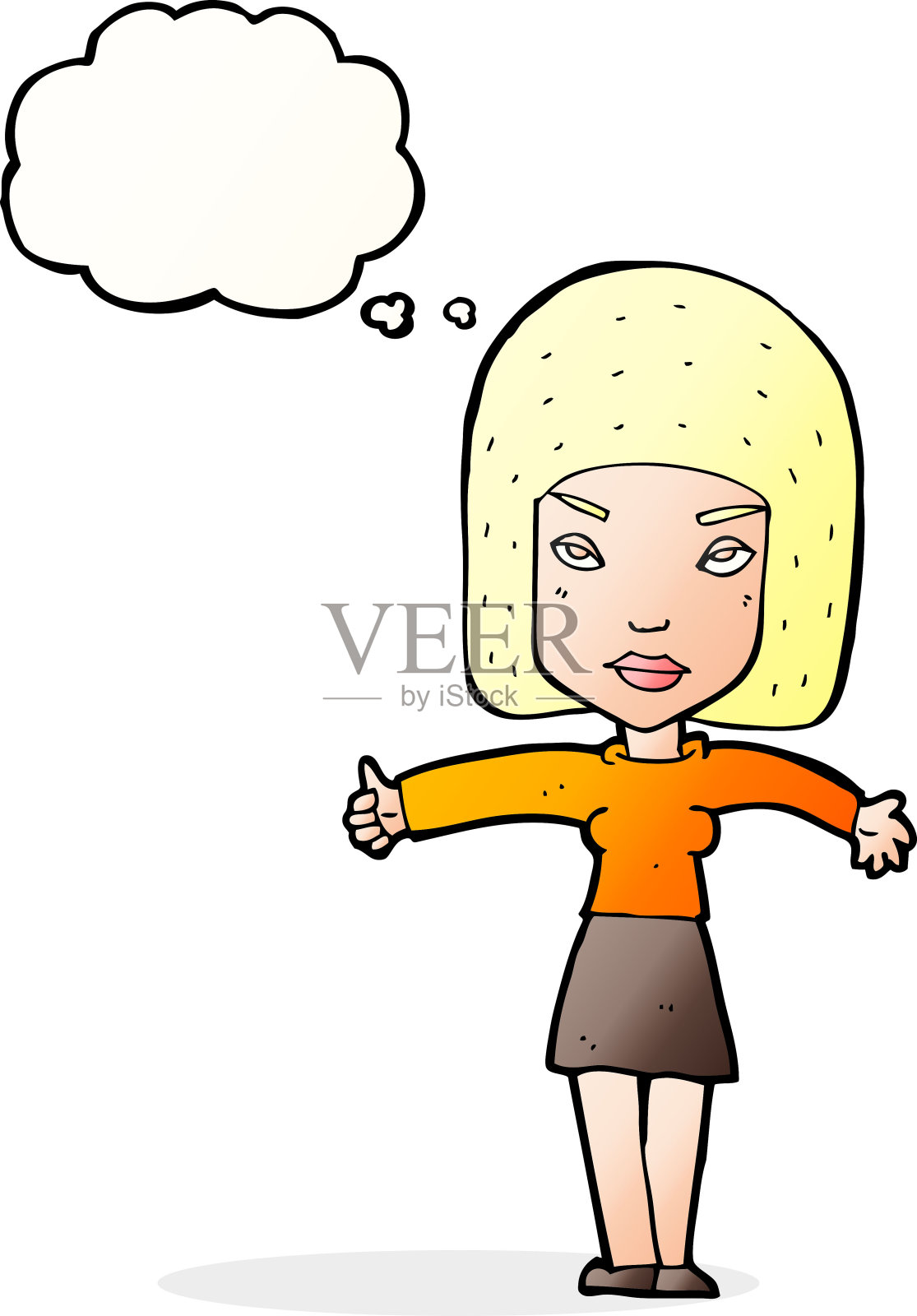 卡通女人给大拇指符号与思想泡泡插画图片素材