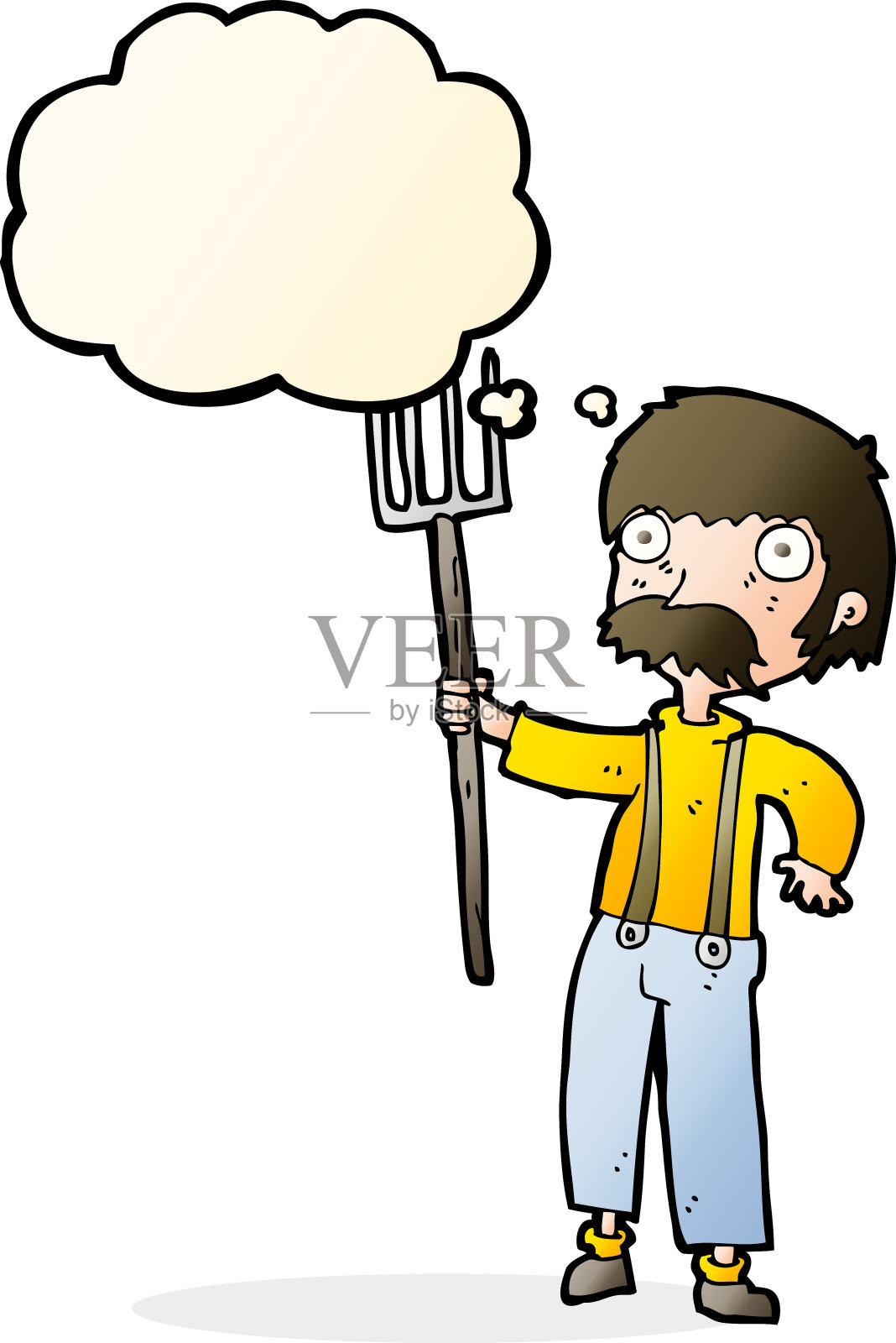 卡通农民带着干草叉和思想泡泡插画图片素材