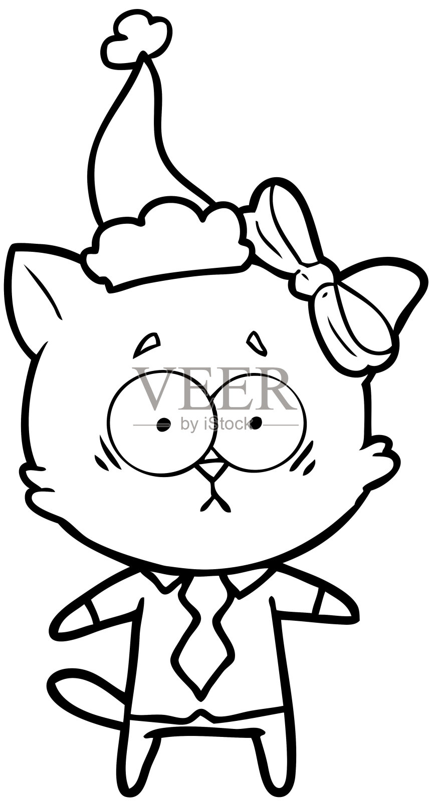 手绘线画的猫戴着圣诞老人的帽子设计元素图片