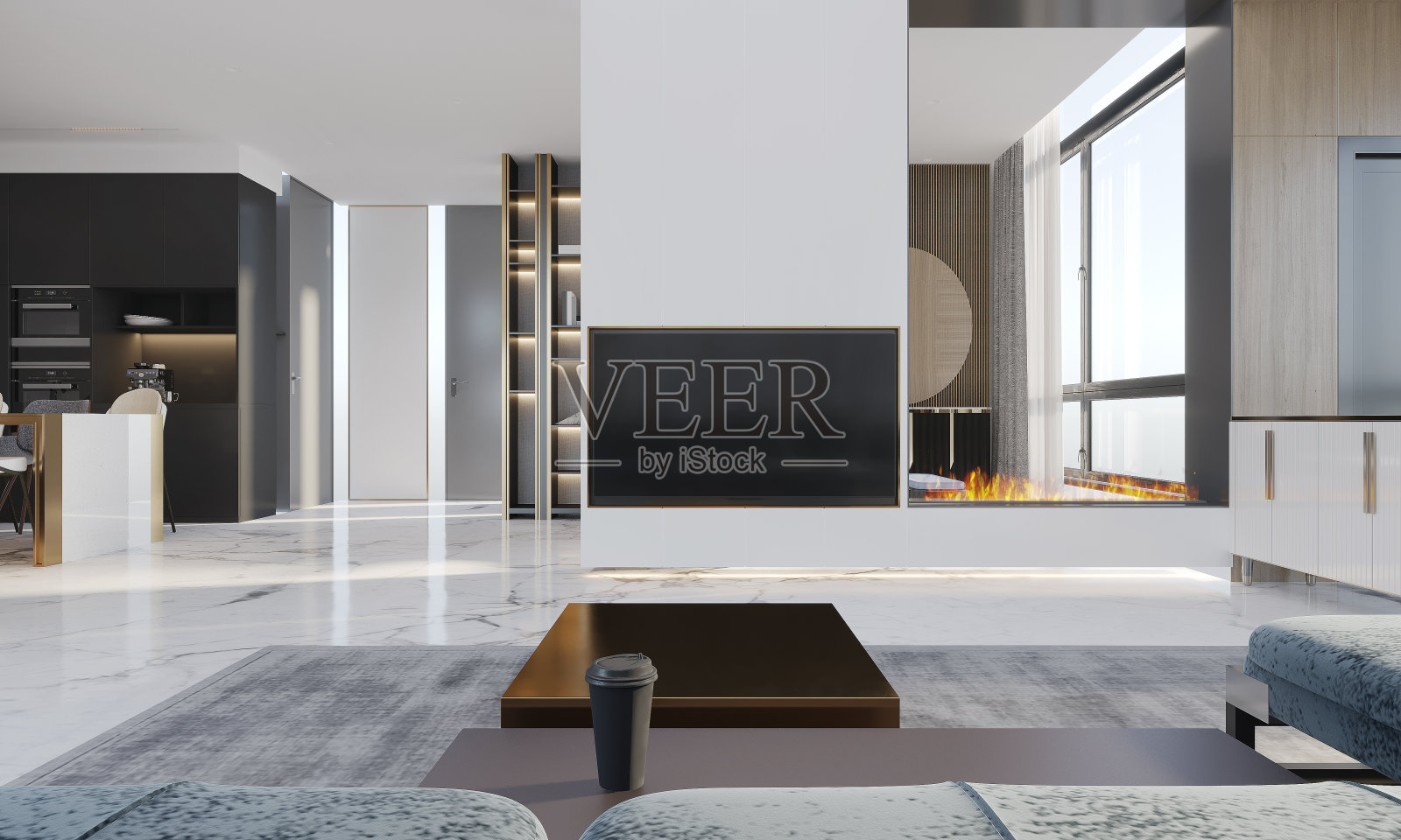 客厅的现代奢华内饰明亮干净。三维演示照片摄影图片