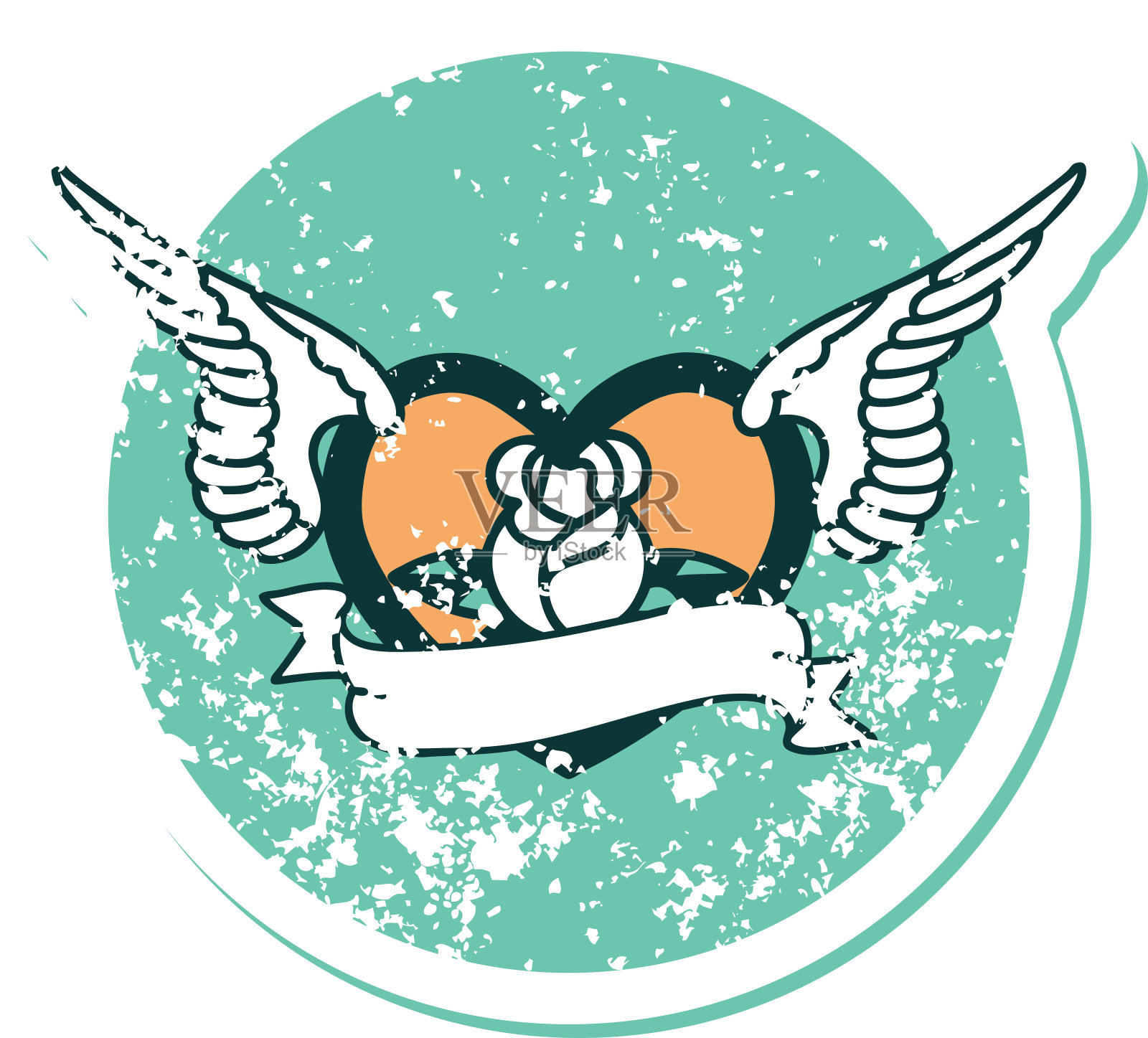 标志性的心疼贴纸纹身风格的一个飞行的心花和横幅的形象插画图片素材