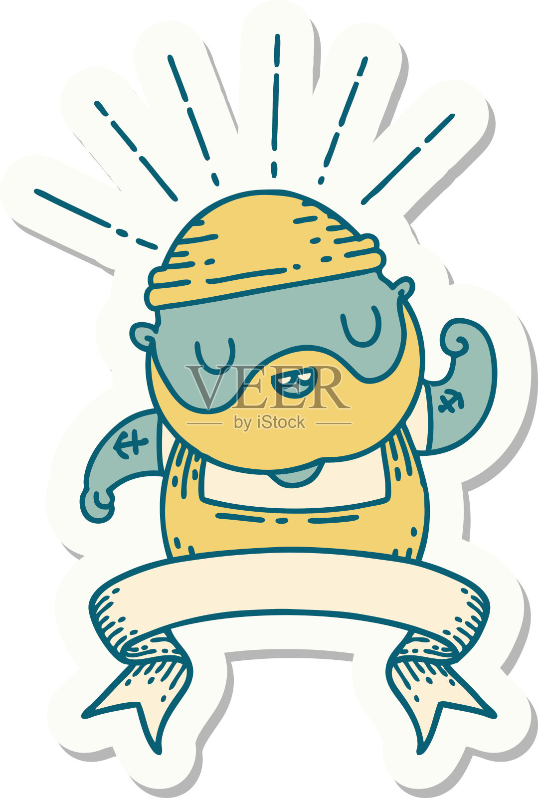 纹身风格的贴纸胡须男子弯曲二头肌插画图片素材