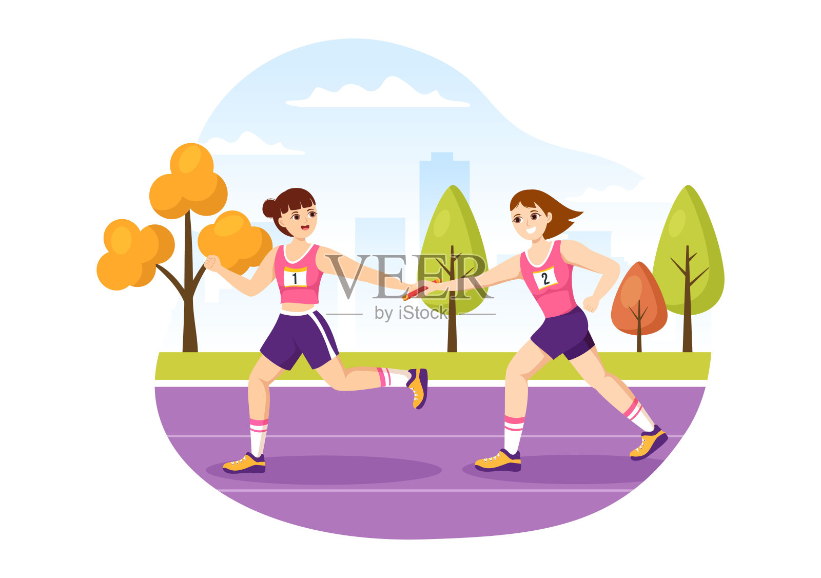 接力比赛通过传递接力棒给队友，直到到达终点线在一个体育锦标赛平面卡通手绘模板插画图片素材