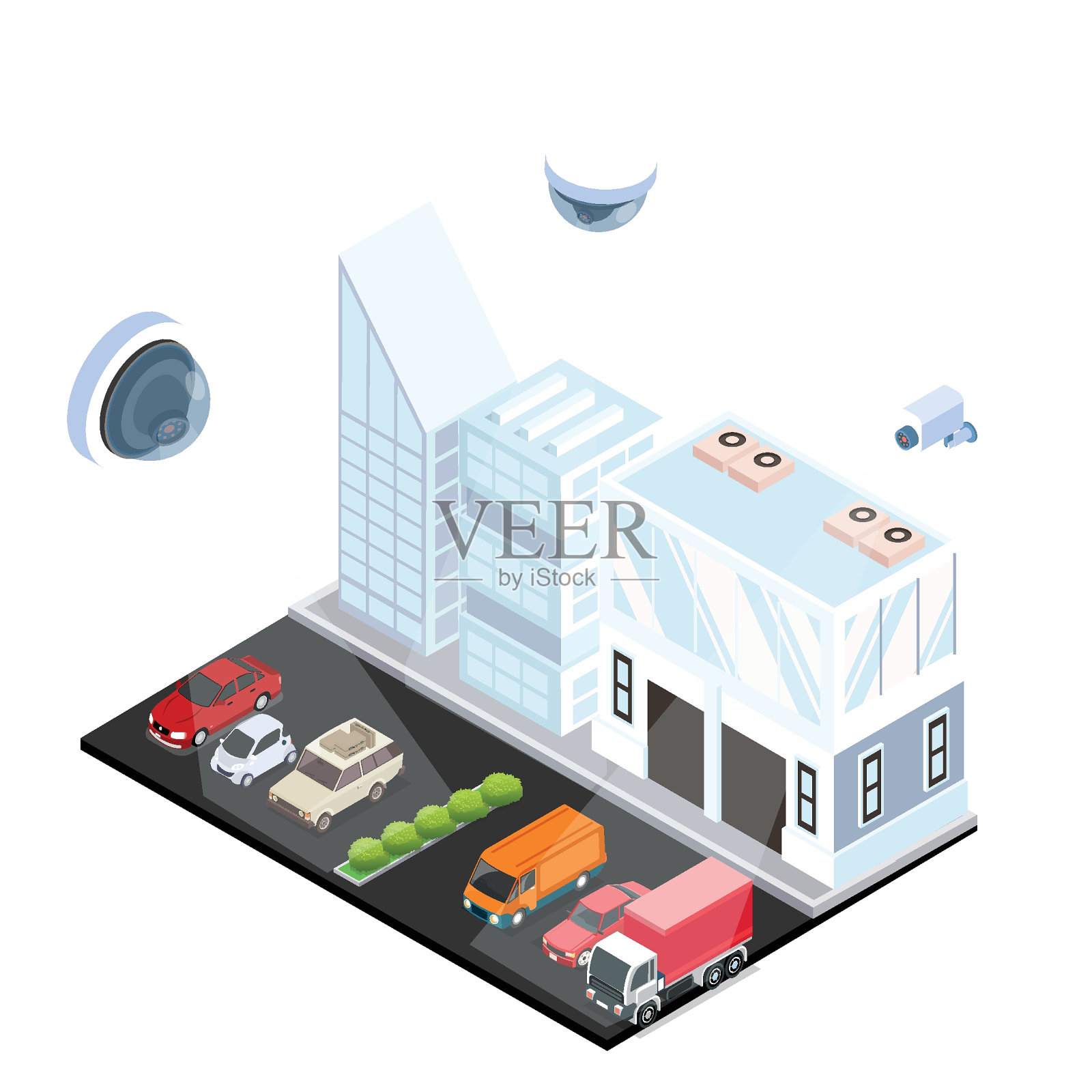 用于监控和监视停车场的闭路电视和IP摄像机插画图片素材