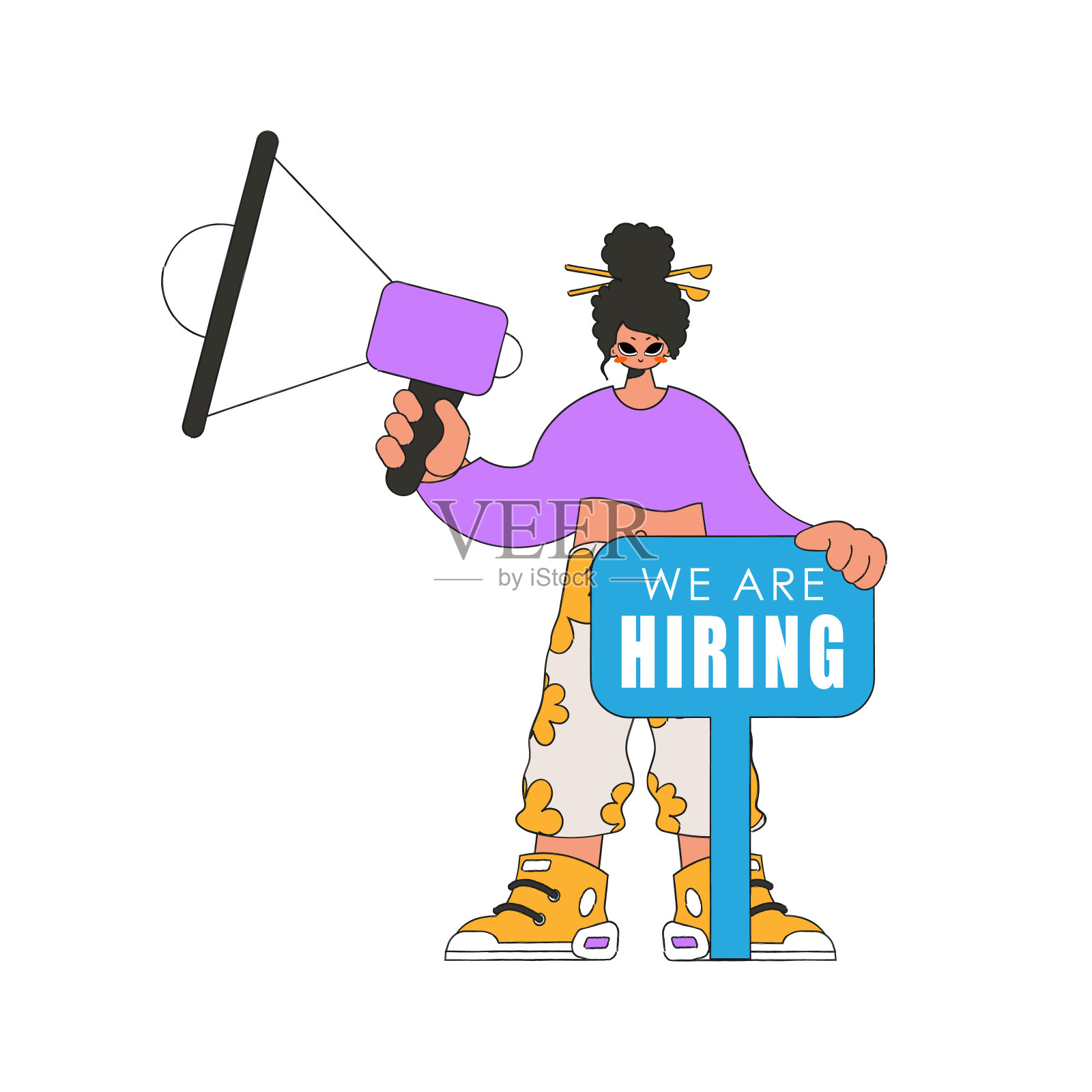 拿着扩音器的女孩。劳动力市场。人力资源和招聘。插画图片素材
