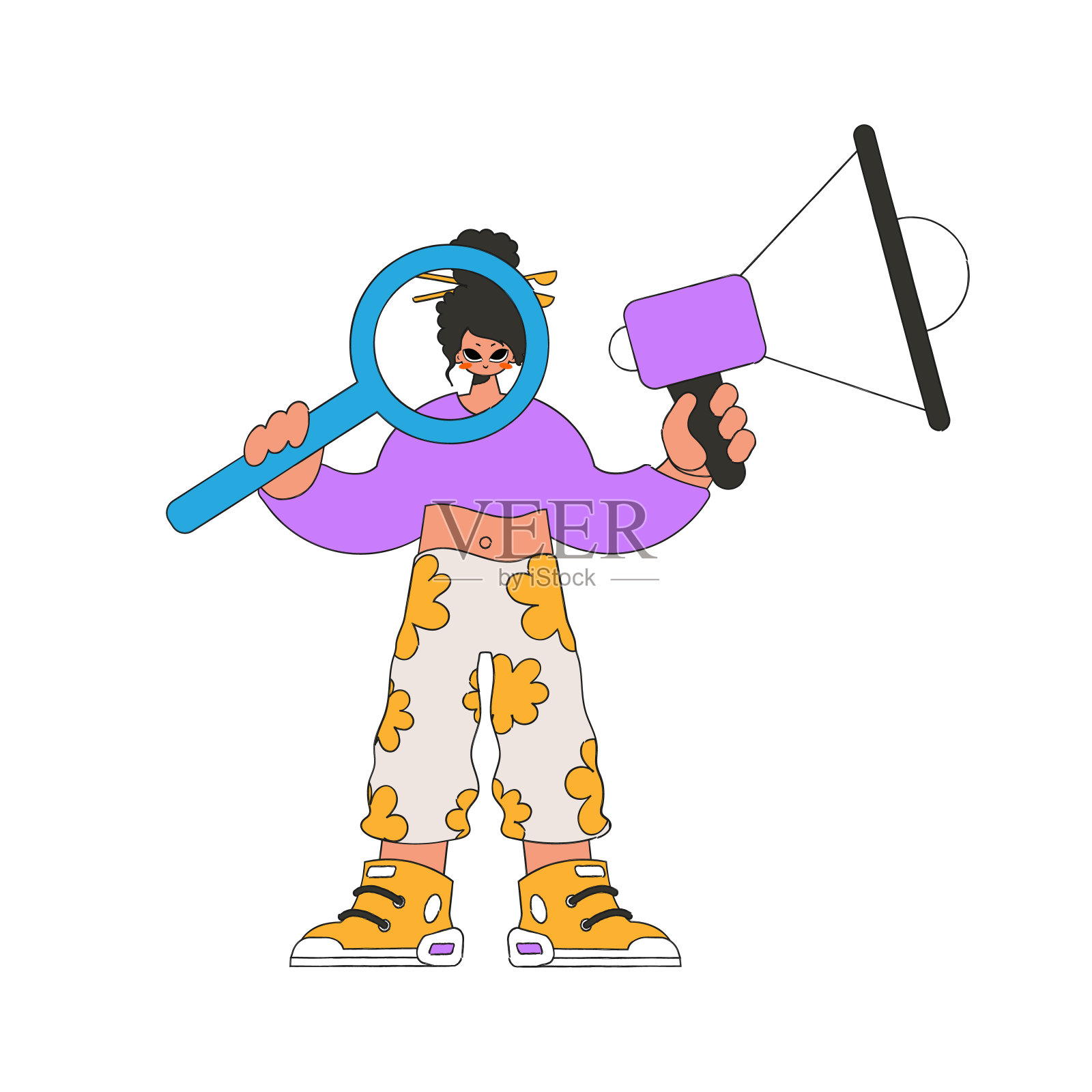 那个女孩拿着扩音器。招聘和搜寻人员。插画图片素材