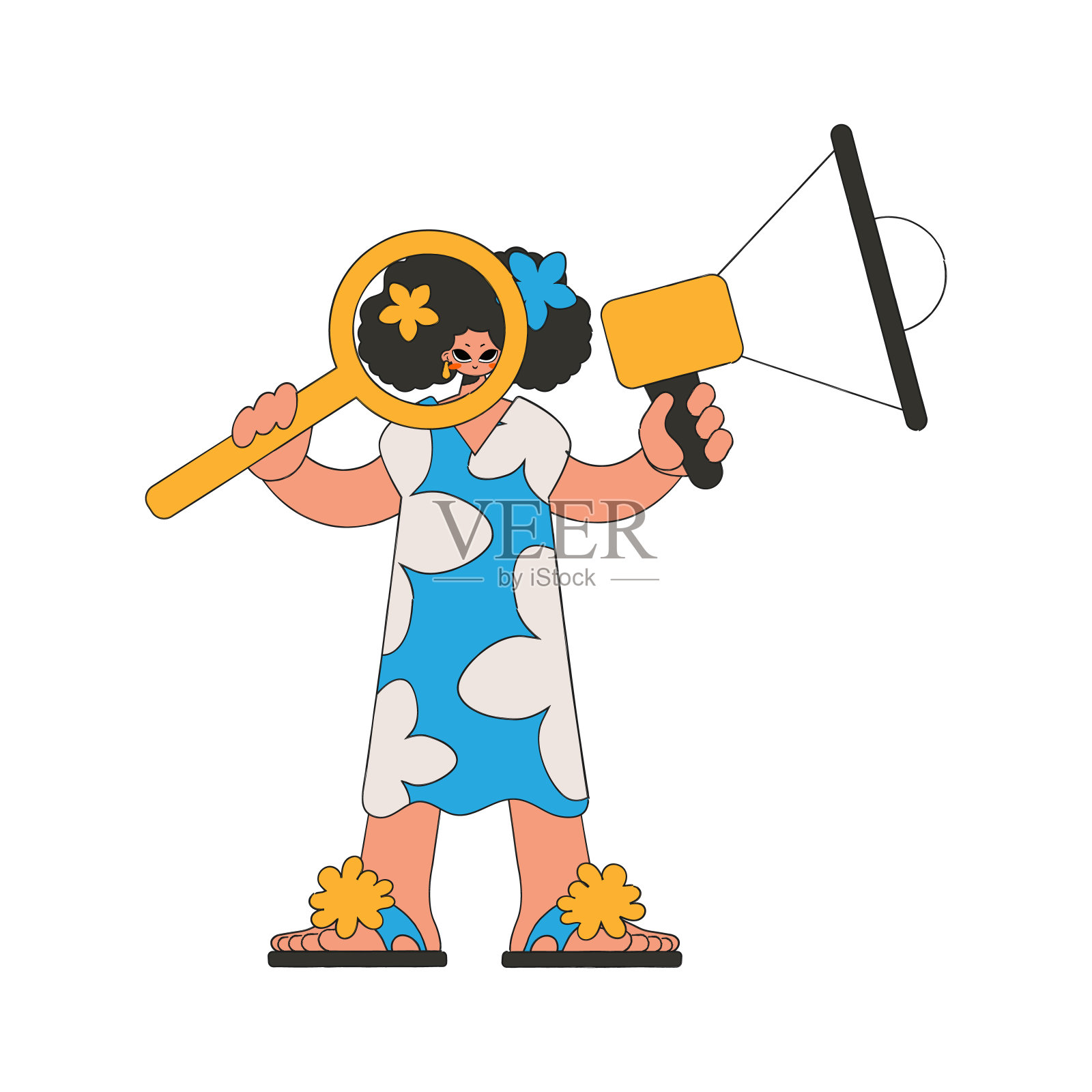 一个拿着扩音器的女孩，象征着在劳动力市场寻找人才。人力资源和招聘。插画图片素材