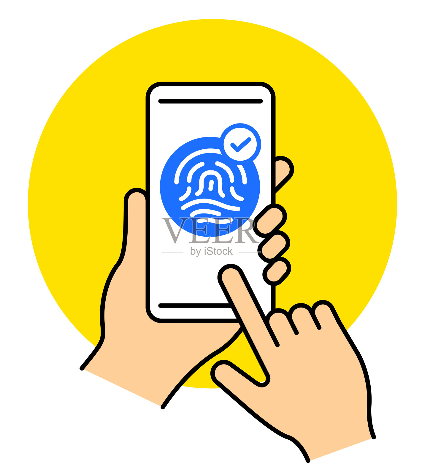 智能手机图标。指纹身份验证。个人信息。安全安保措施。病毒和黑客对策。保护个人资料。插画图片素材