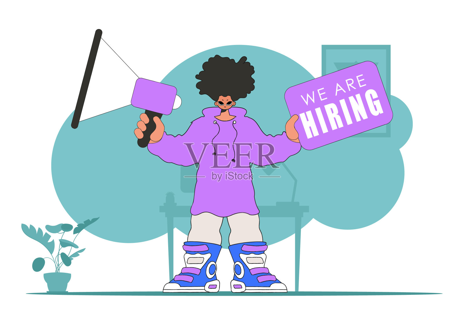 员工敬业度。一个拿着扩音器的男人，象征着在劳动力市场寻找人才。插画图片素材