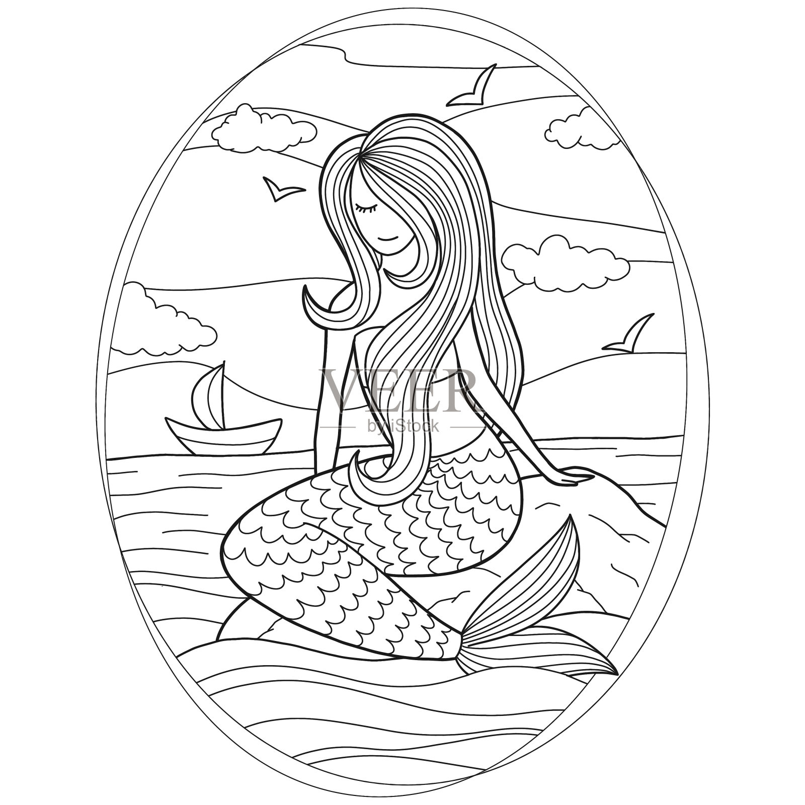 美人鱼着色页。海底世界着色书。鱼的轮廓。儿童插图。动物卡通。公主涂鸦。儿童涂色书插画图片素材
