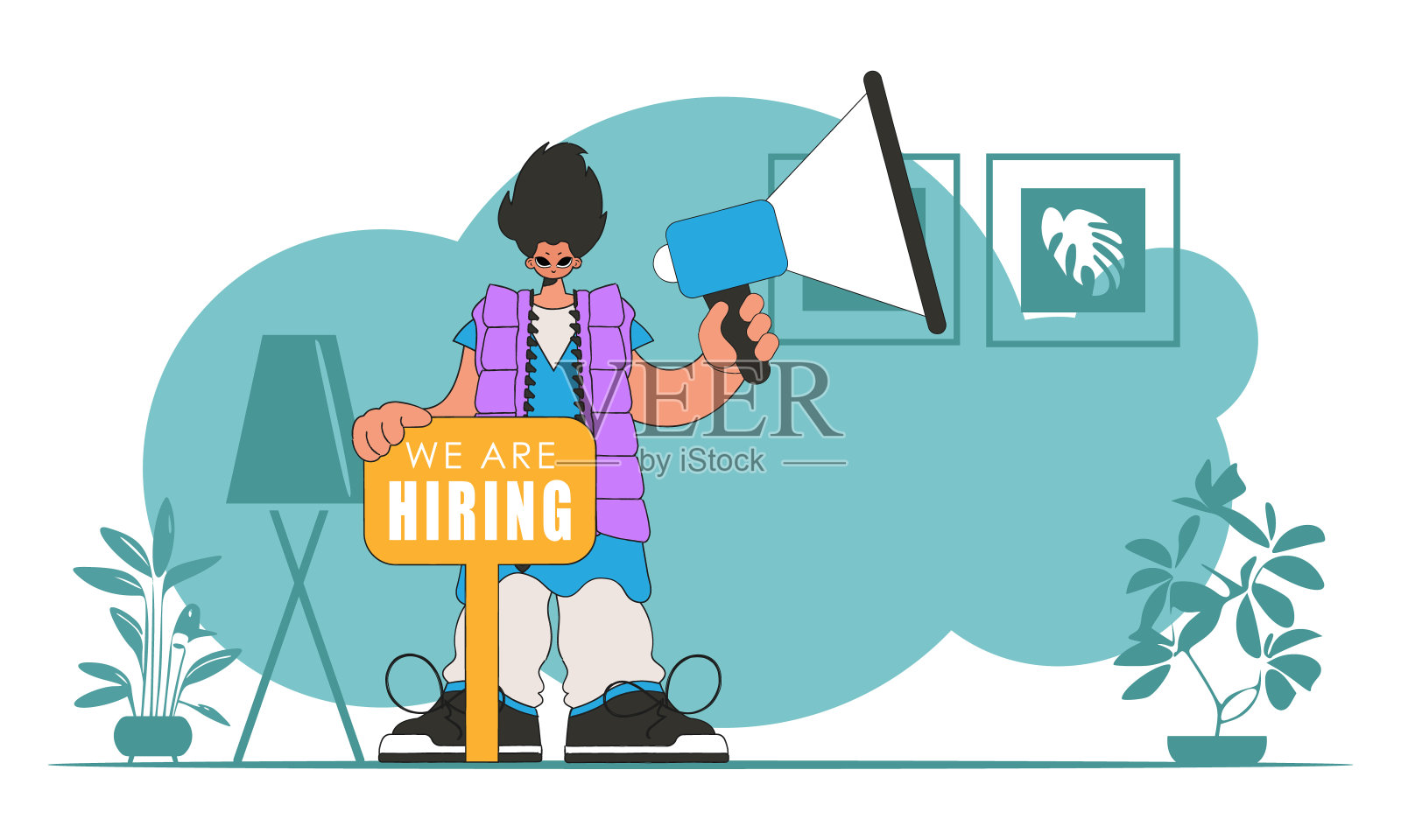 人才的吸引与寻找。拿着扩音器的家伙。劳动力市场。插画图片素材