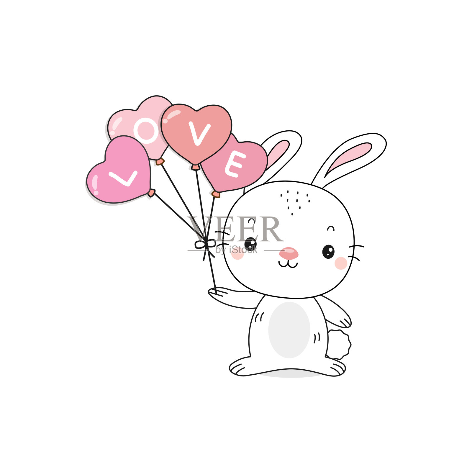 可爱的兔子抱着爱的气球。情人节卡通人物设计。插画图片素材
