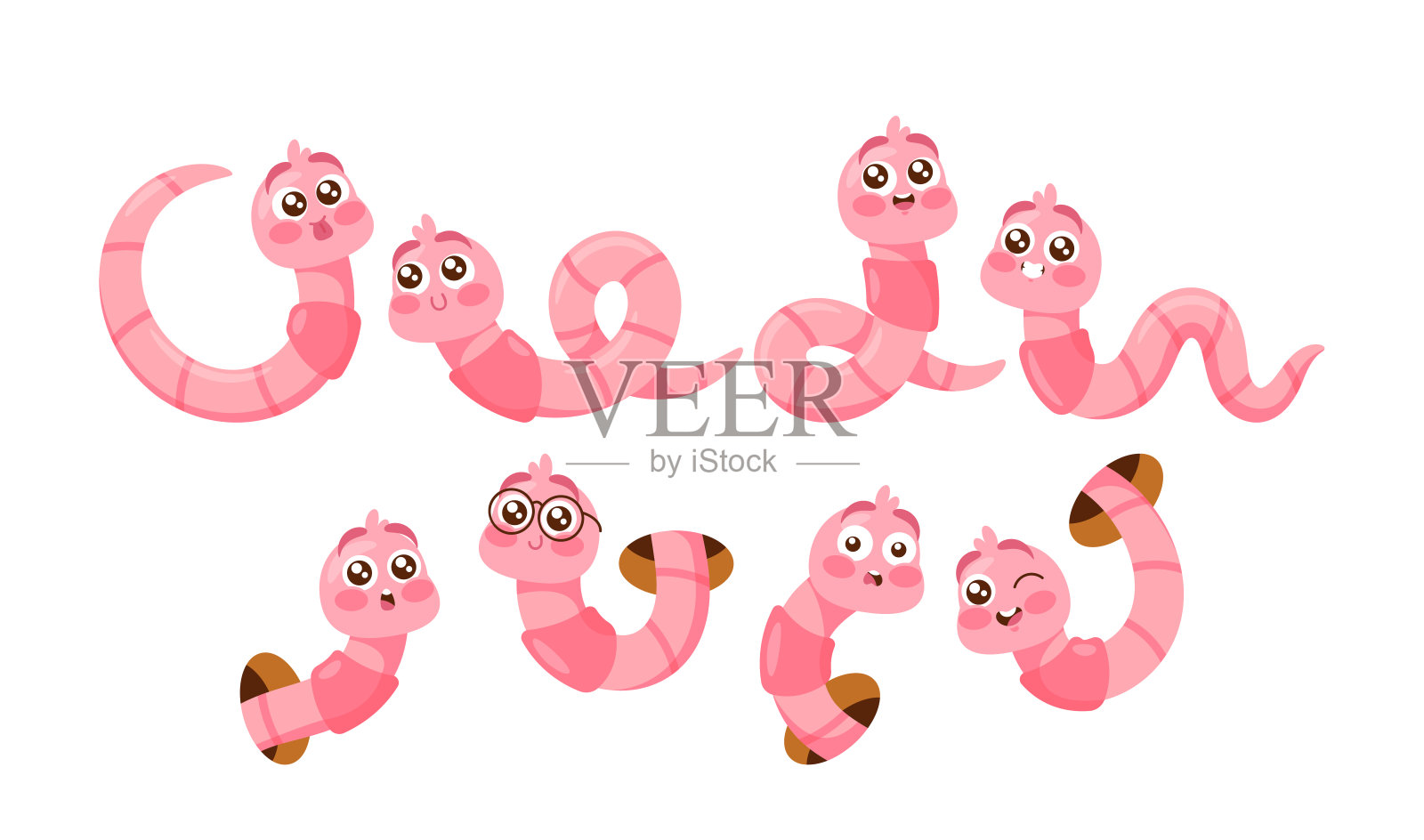 一套蚯蚓卡通人物，可爱和有趣的土蚯蚓人物在眼镜，爬行，从洞插画图片素材