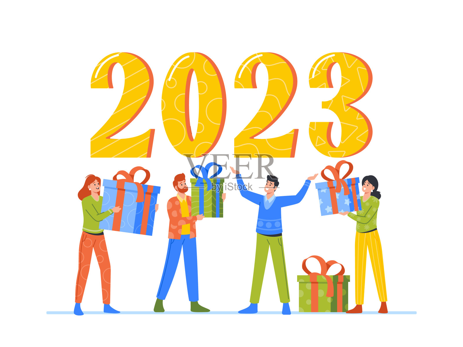 新年快乐概念贺卡。小人在2023年的大数字上交换礼物。朋友、同事、家人插画图片素材