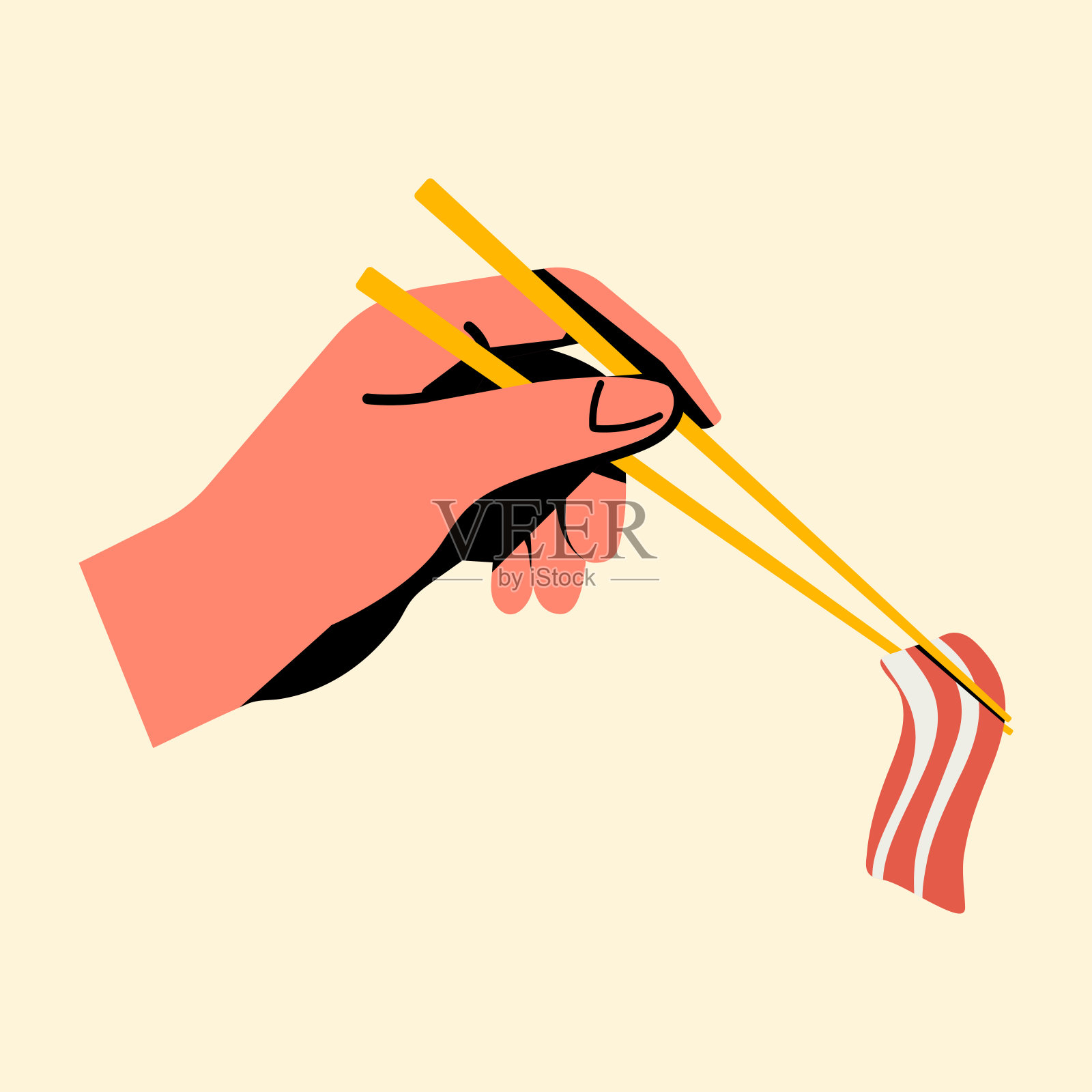 人手握筷子夹猪肉或牛肉片插画图片素材