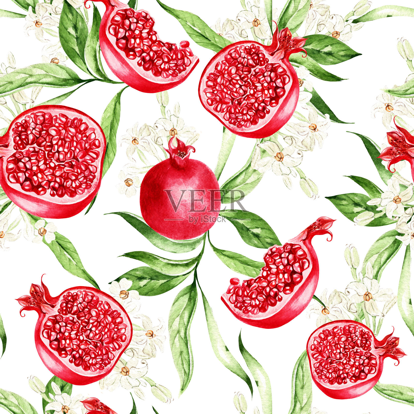 石榴水果，叶子无缝的白色背景图案，水彩插图插画图片素材