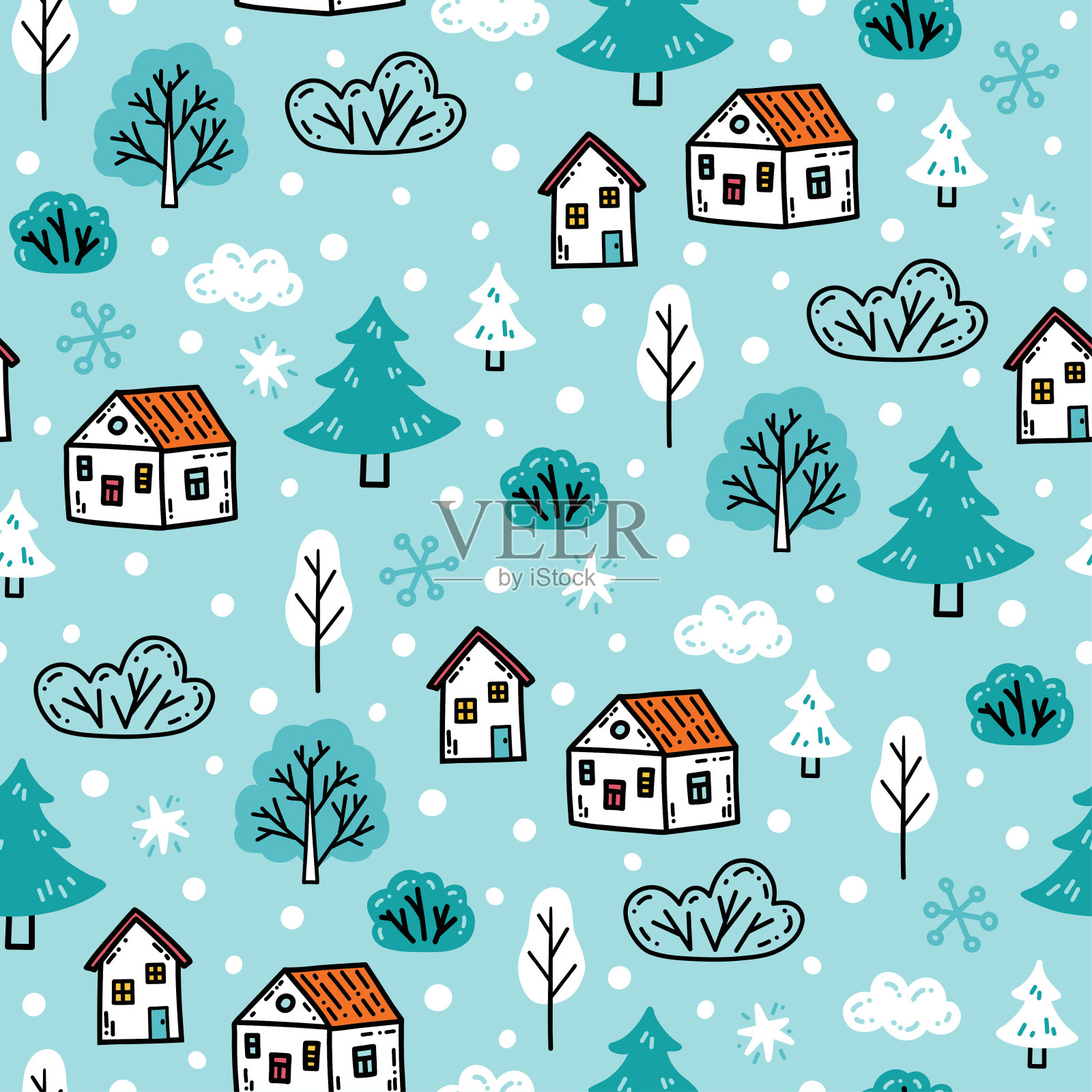 冬天天衣无缝的图案与小房子，雪树，雪花插画图片素材