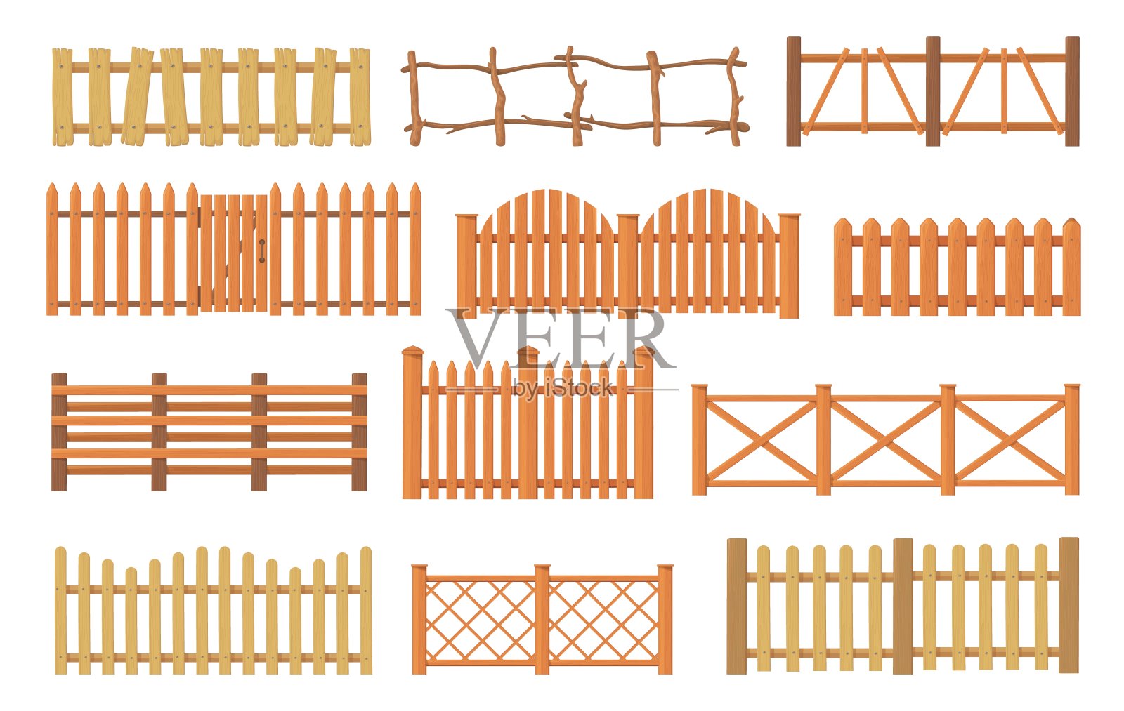 木制的围栏。木栅栏，木栅栏花园栏杆卡通栅栏类型农场或农村屏障美丽的finca，院子房子大门面板边界，整齐的矢量插图插画图片素材