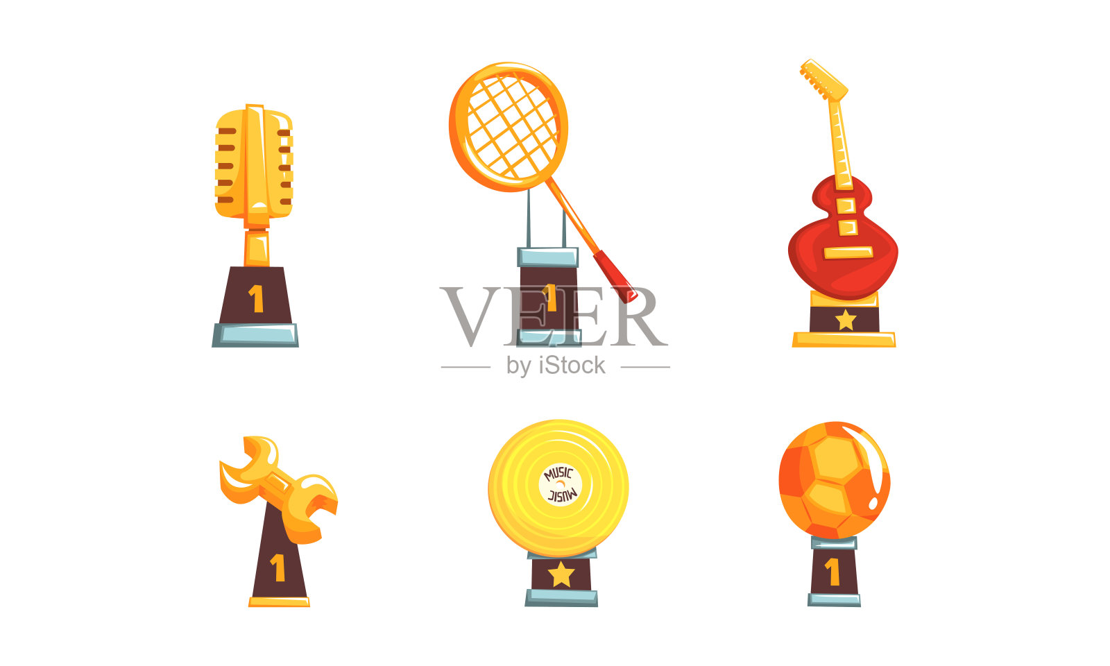 金奖小金人作为音乐，体育和工作奖杯和奖品矢量集插画图片素材