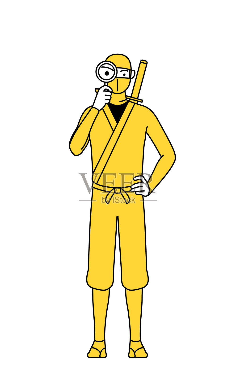 一个装扮成忍者的男人透过放大镜看东西插画图片素材