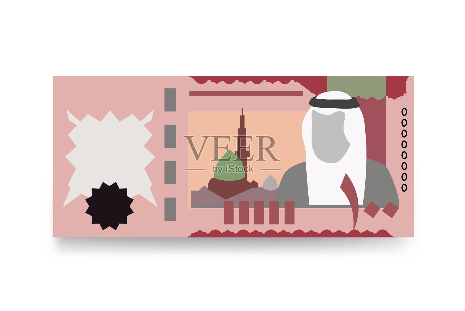 沙特里亚尔矢量插图。沙特阿拉伯货币套装捆绑钞票。面值100里亚尔，平装。孤立在白色背景上。简单的最小设计。插画图片素材