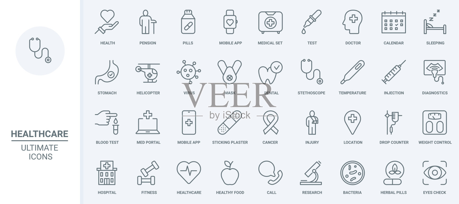 医疗保健、药物细线图标集、医疗急救、治疗药丸和测试图标素材