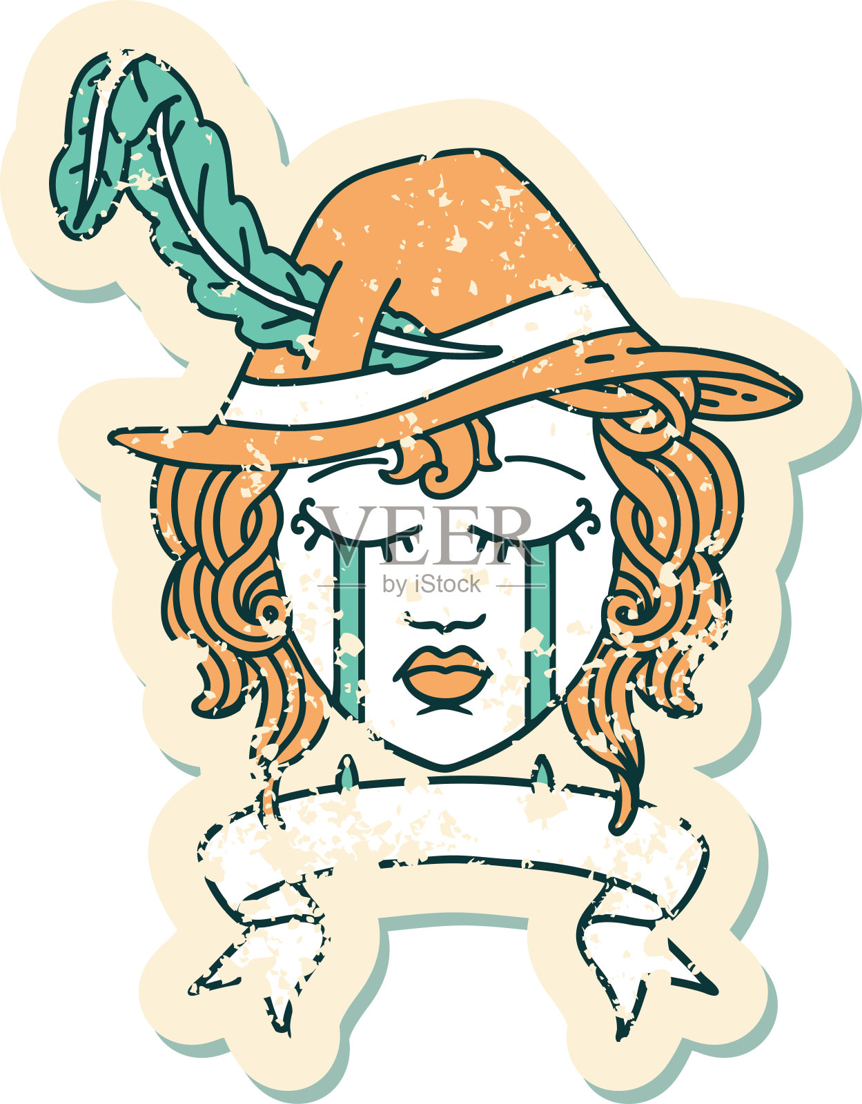 复古纹身风格哭泣的人类诗人与旗帜插画图片素材