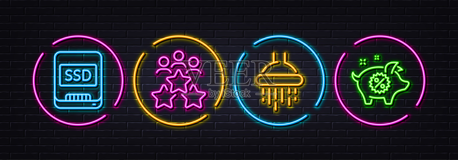 商务会议，淋浴和Ssd最小线图标。对于web应用，打印。霓虹灯激光3d灯。向量图标素材