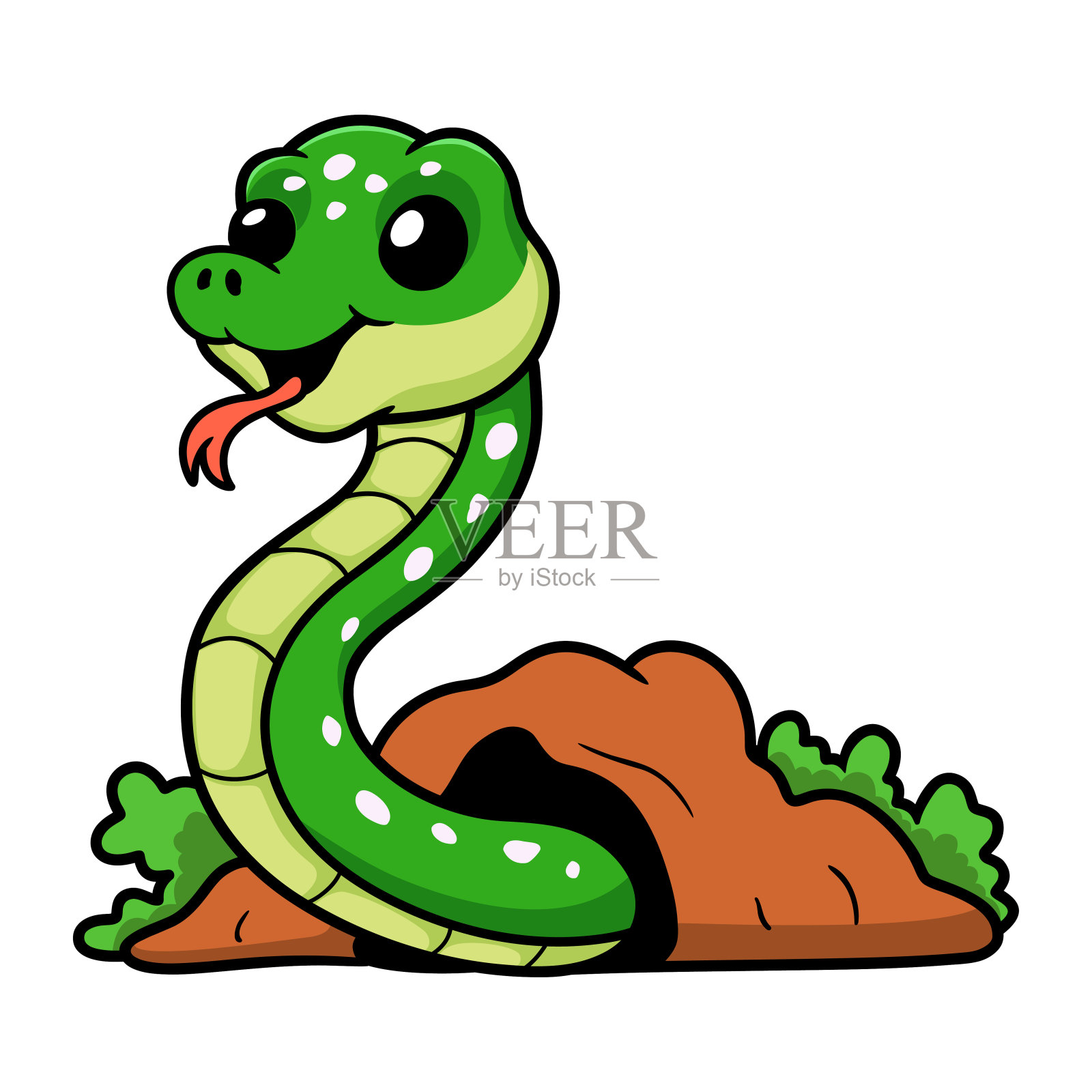 可爱的绿色树蟒卡通从洞里出来插画图片素材
