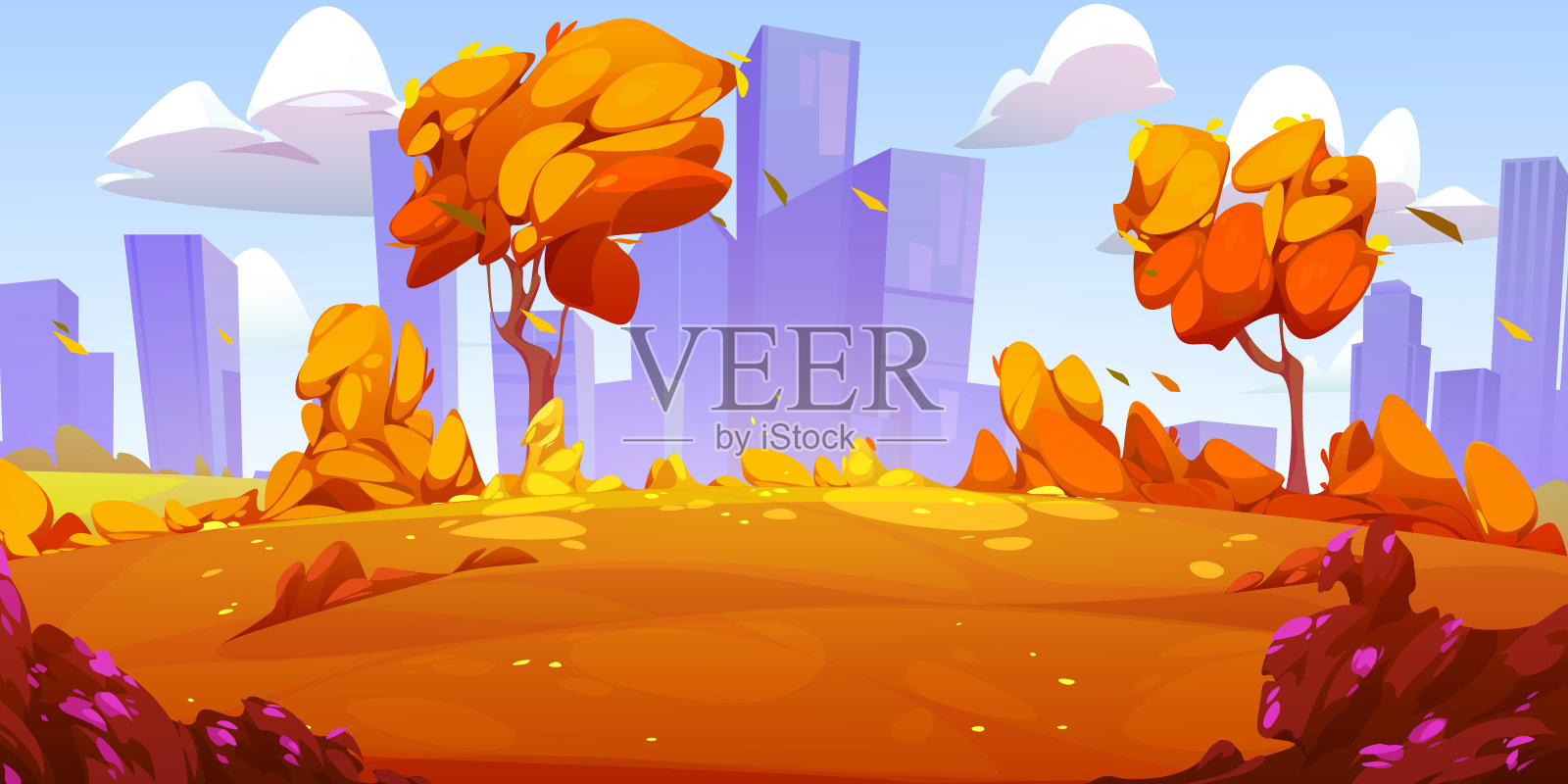 秋天的公园或乡村景观与橙色的草插画图片素材