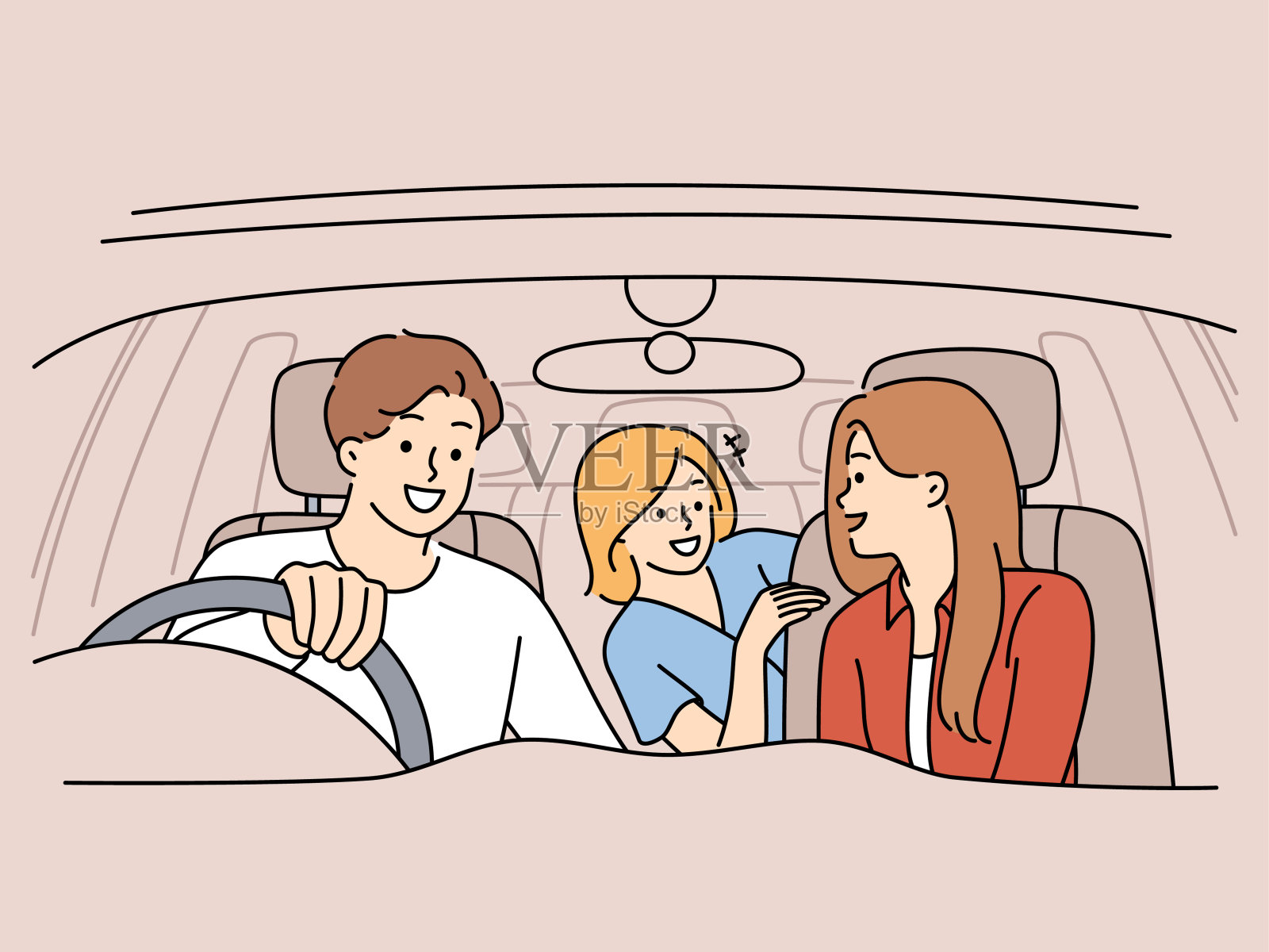 幸福的家庭和孩子在车里插画图片素材