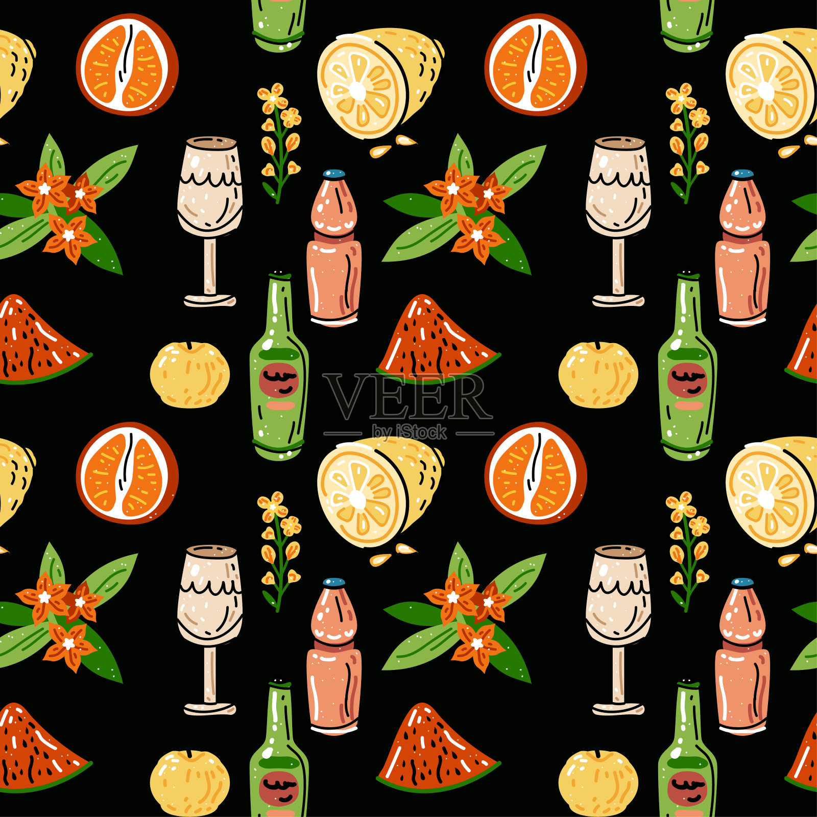 彩色矢量无缝图案的食物和饮料。插画图片素材